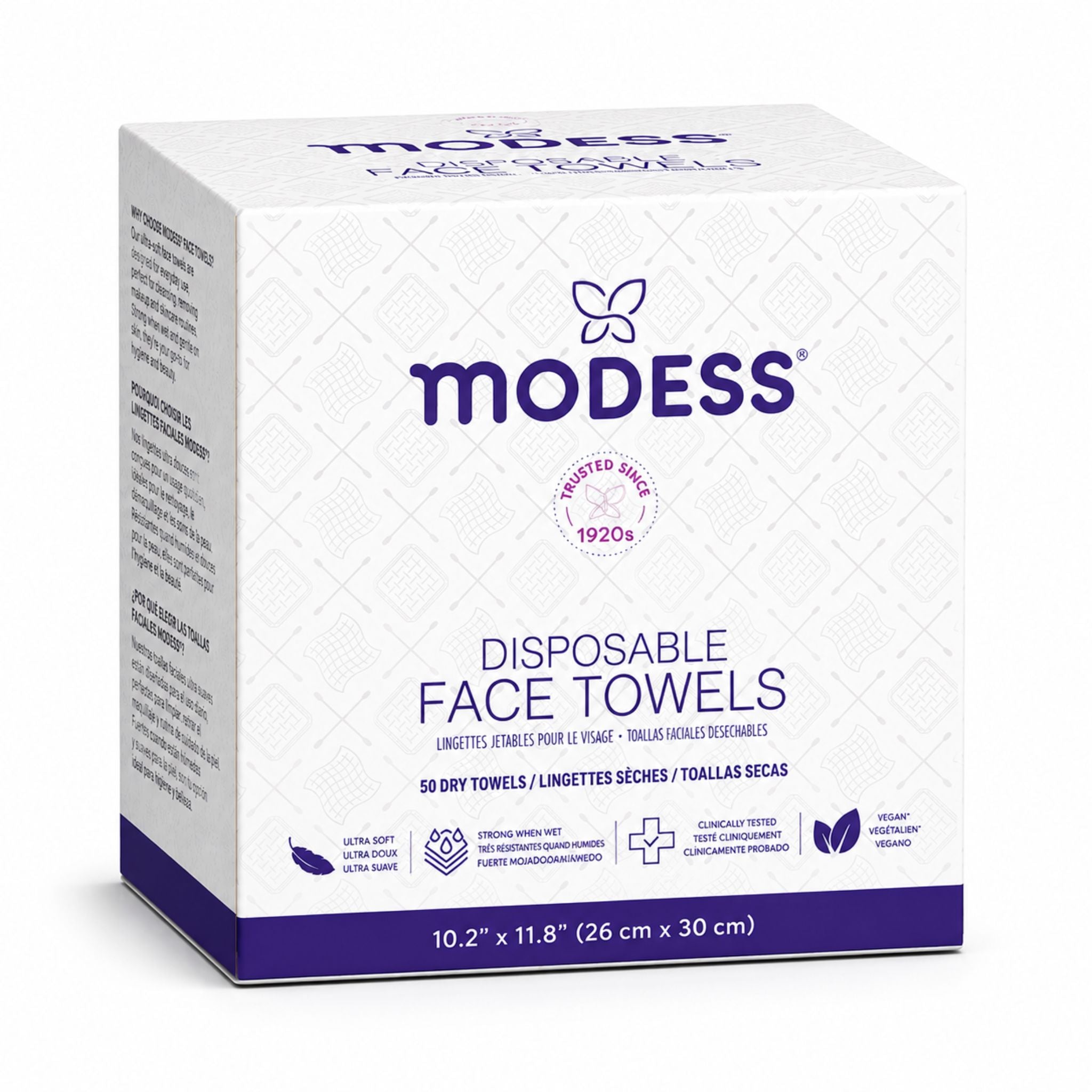 A box of Modess disposable face towels, 10.2 x 11.