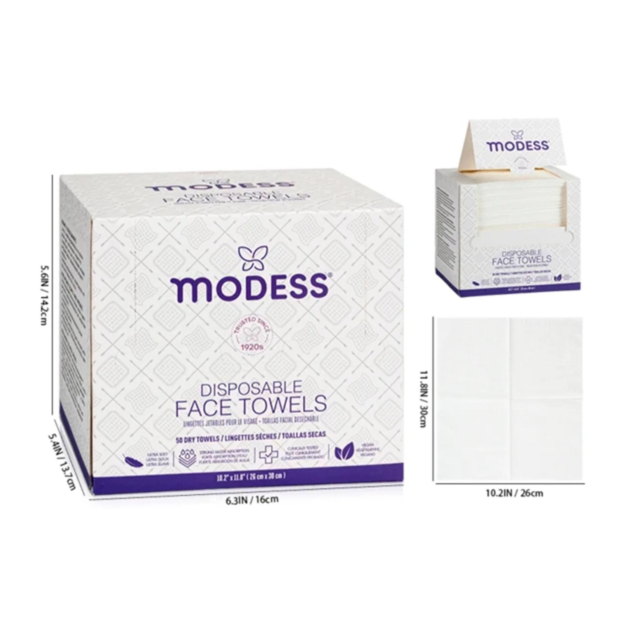 Box of Modeess disposable face towels with packaging details on a white background