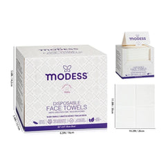 Box of Modeess disposable face towels with packaging details on a white background