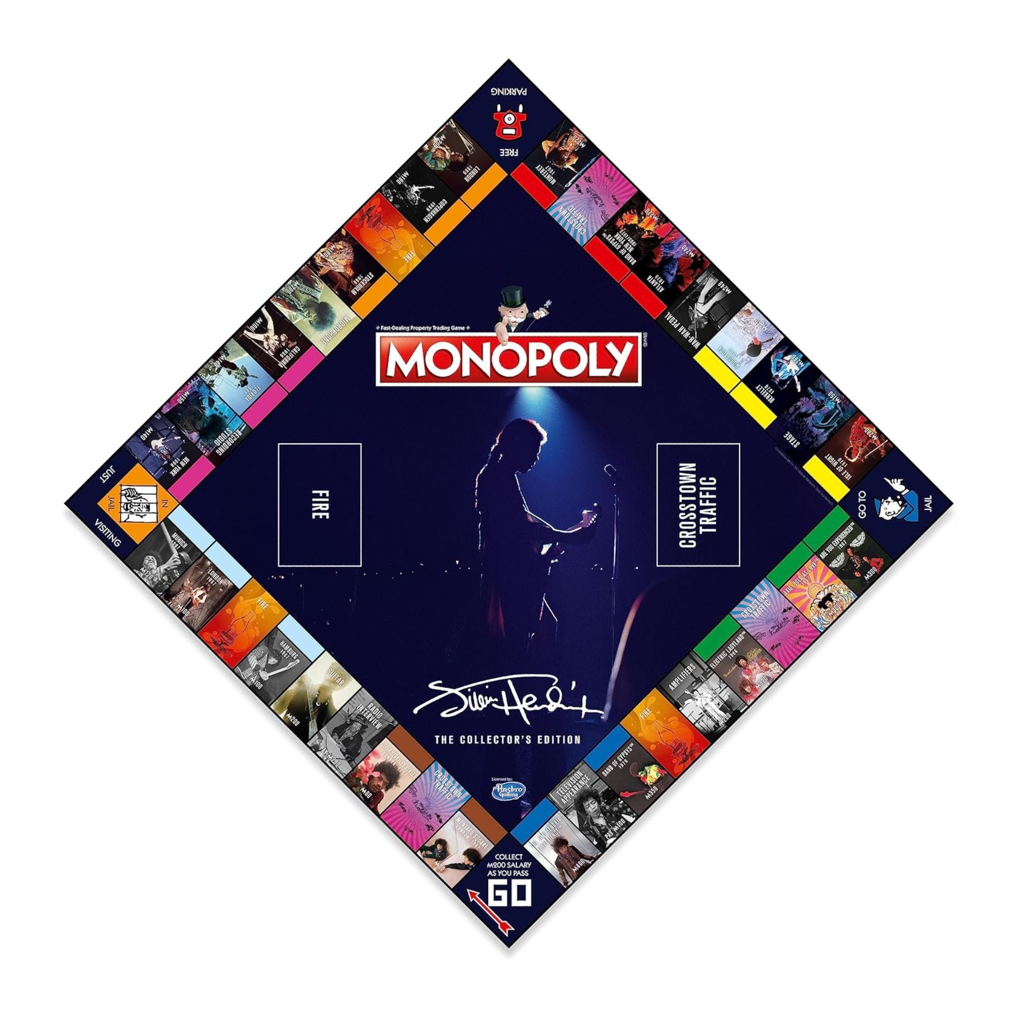 Monopoly game board with various images and a central figure, on a white background