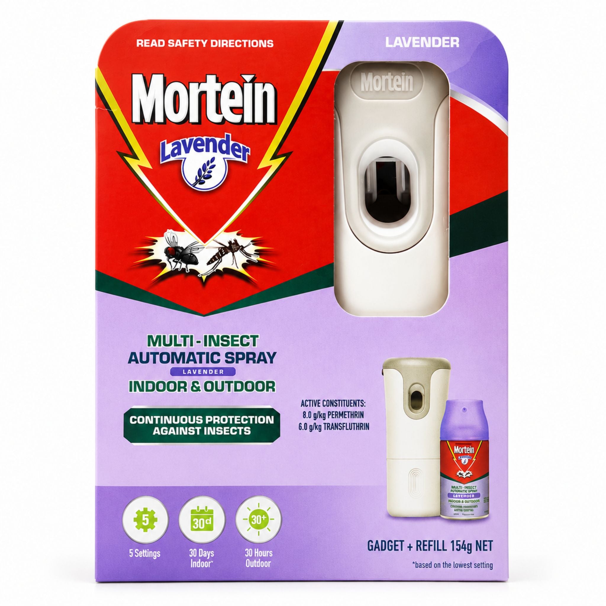 Mortein Lavender Multi-Insect Automatic Spray indoor and outdoor gadget with refill canister, shown in its retail packaging on a white background.