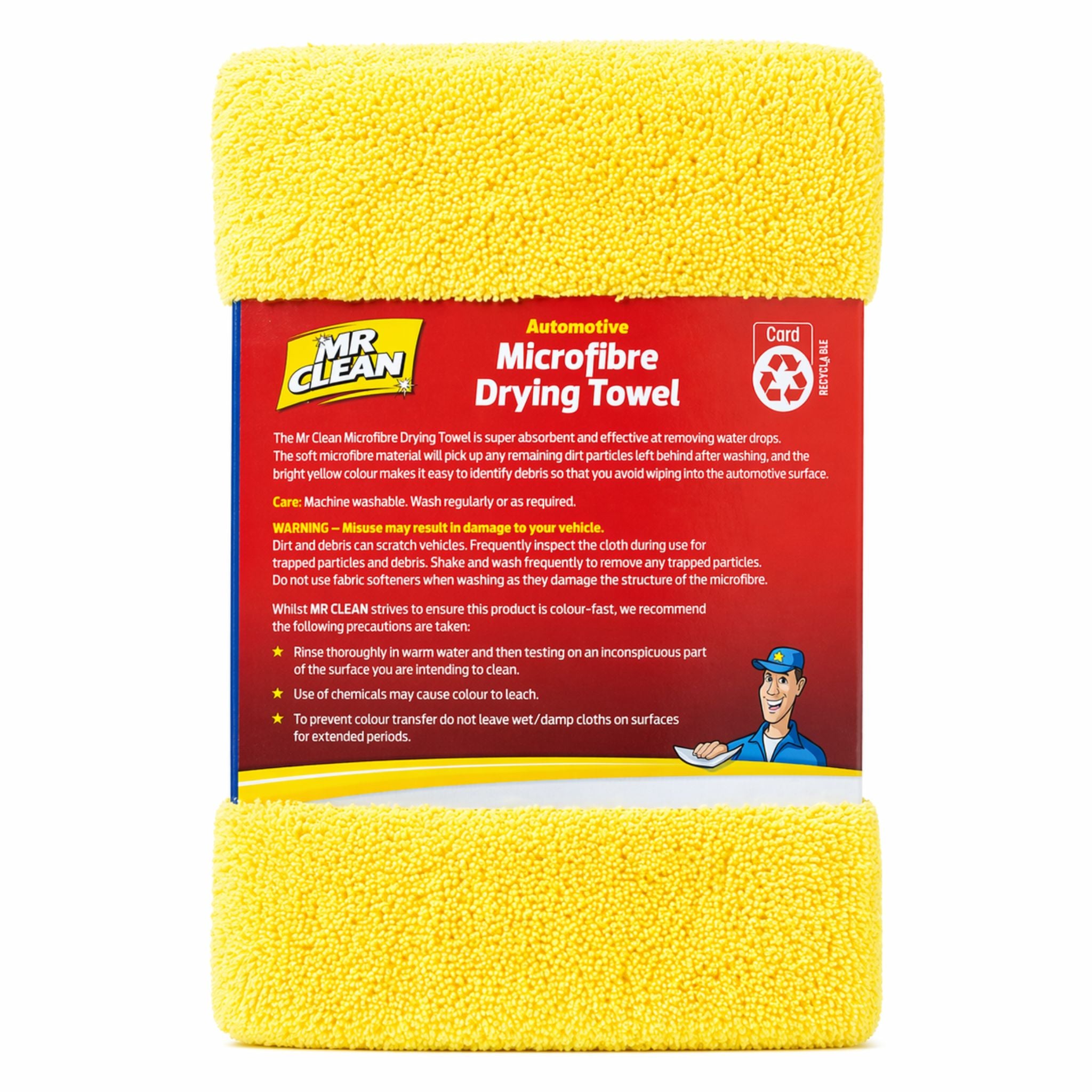 Yellow microfibre drying towel with red label on a white background
