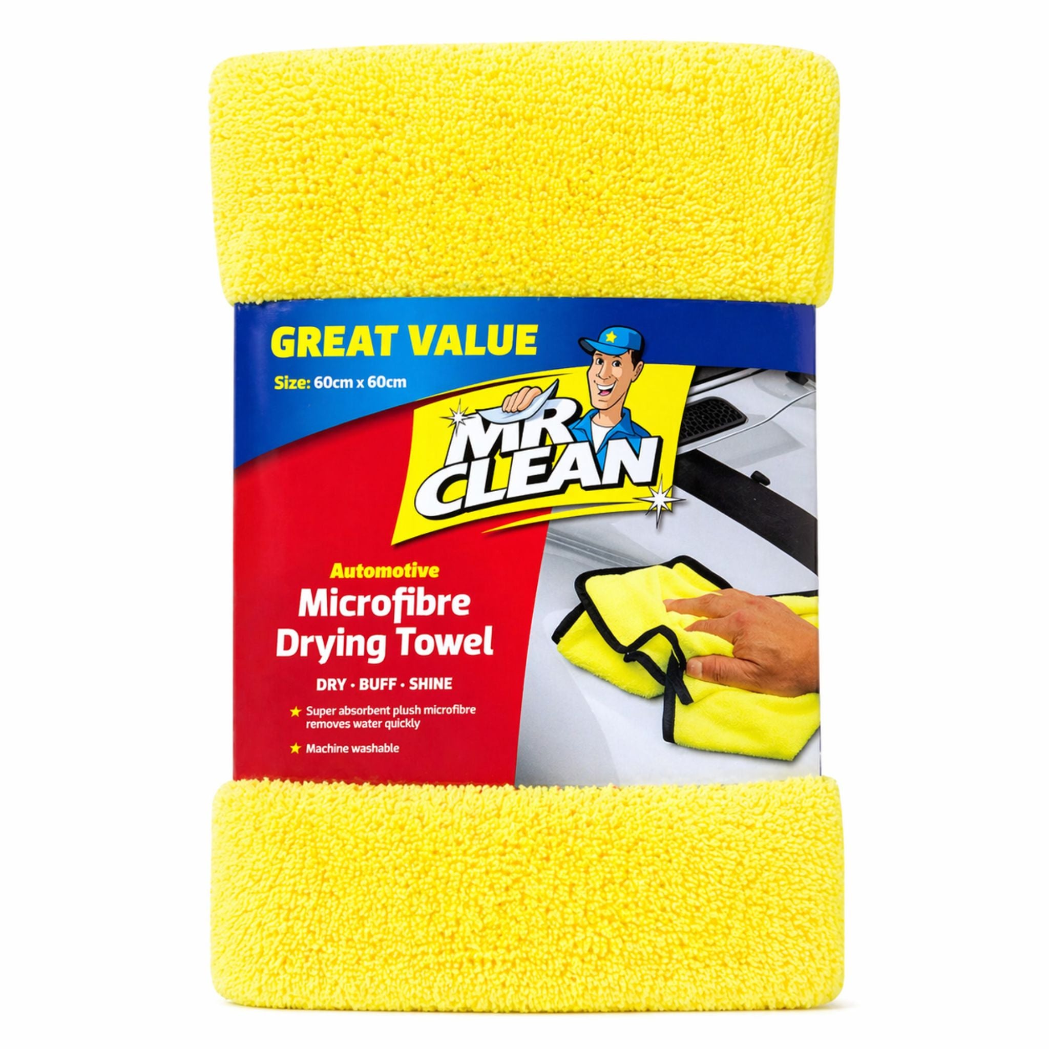 Yellow microfibre drying towel with packaging featuring Mr Clean branding on a white background