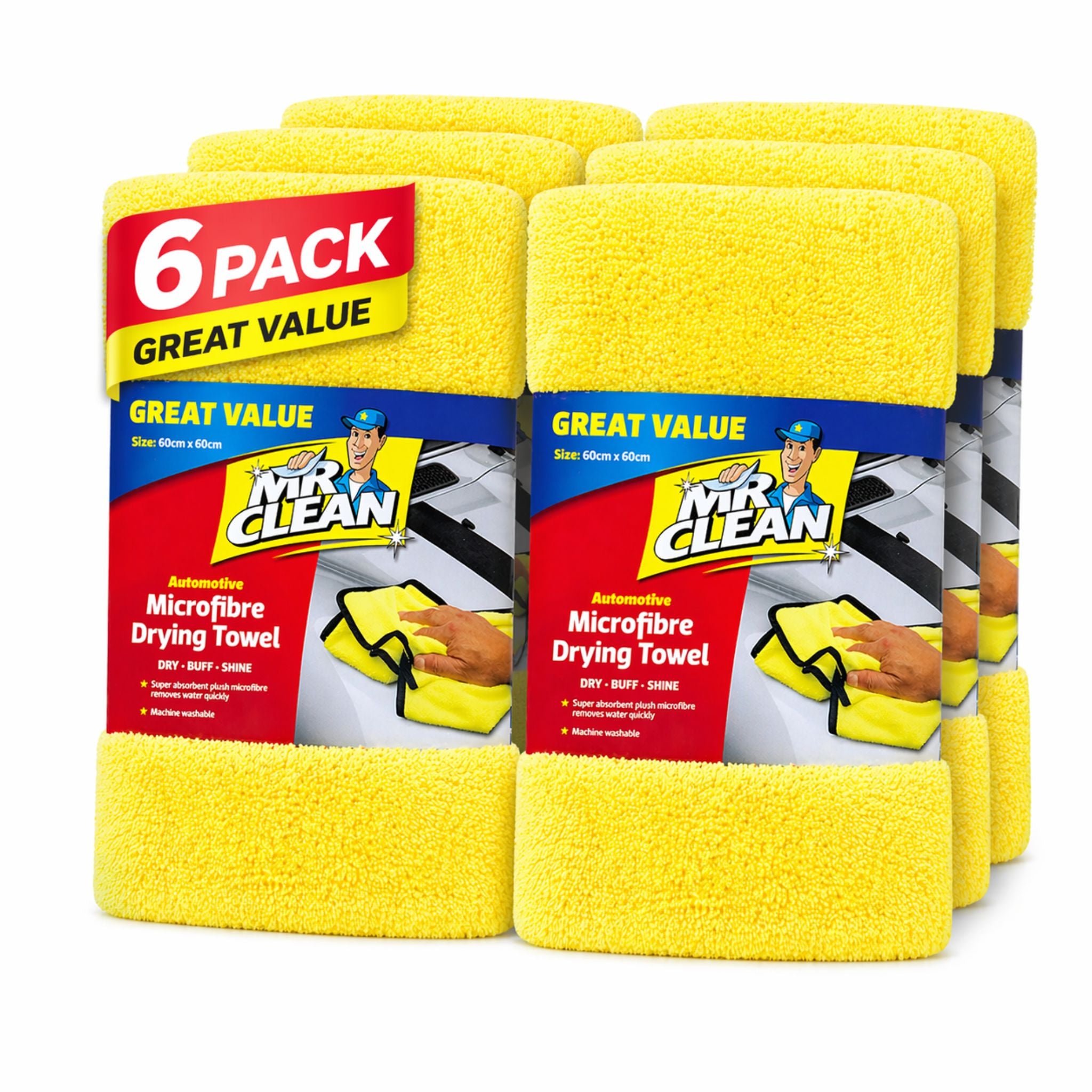 Six packs of Mr. Clean microfiber drying towels on a white background