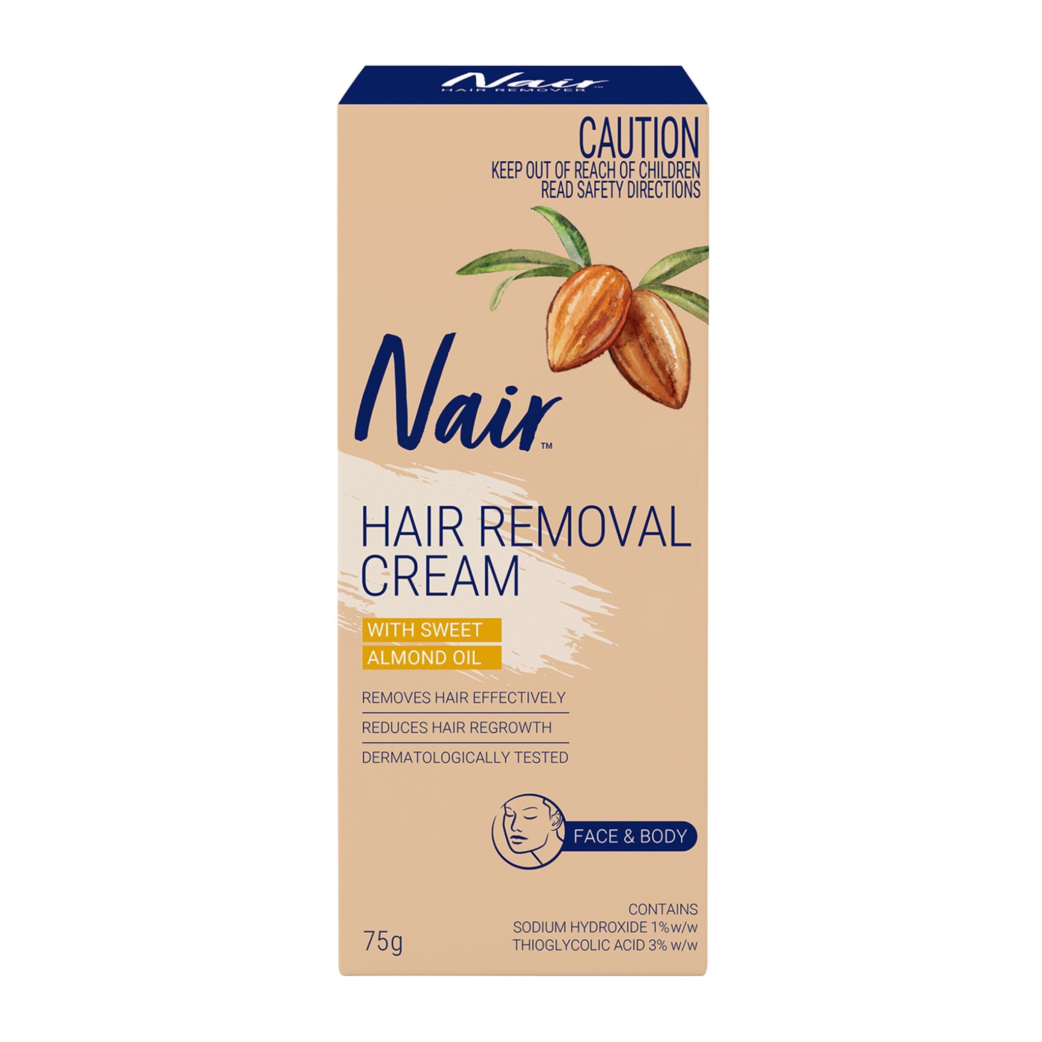 Nair hair removal cream box with almond oil on a white background