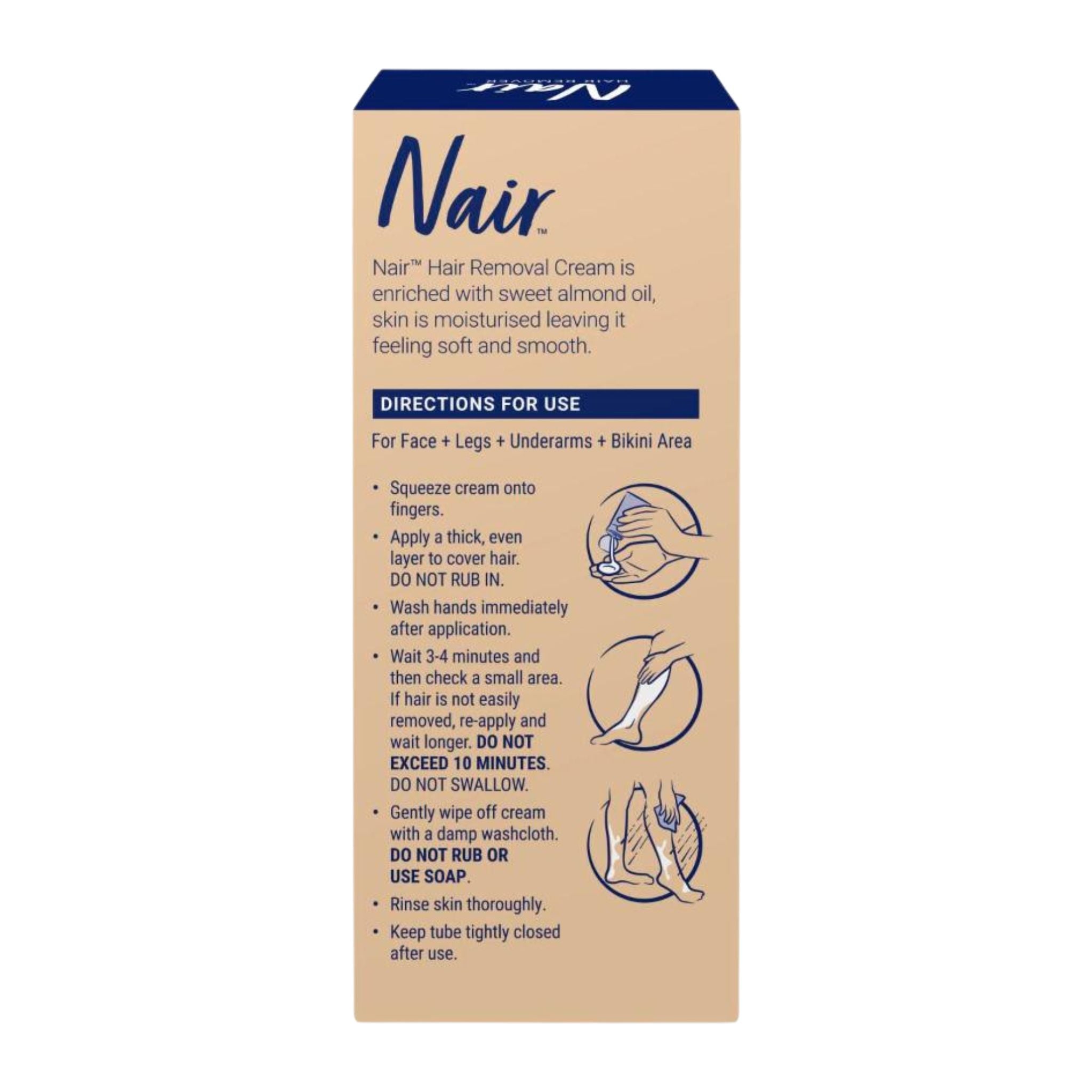 Nair hair removal cream packaging with directions for use on a white background