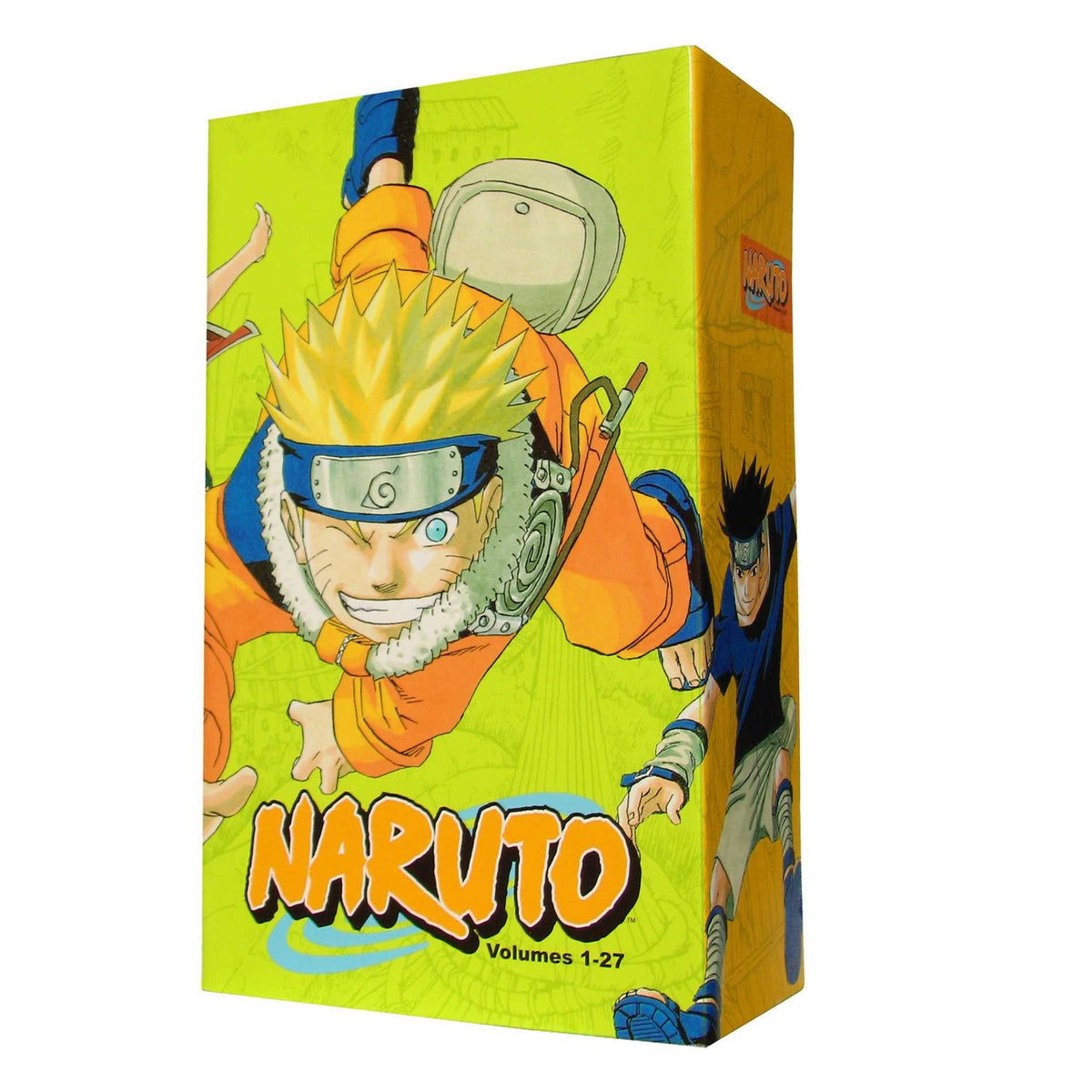Naruto Box Set 1 featuring Naruto Uzumaki and Sasuke Uchiha artwork on a yellow manga collection box containing Volumes 1-27
