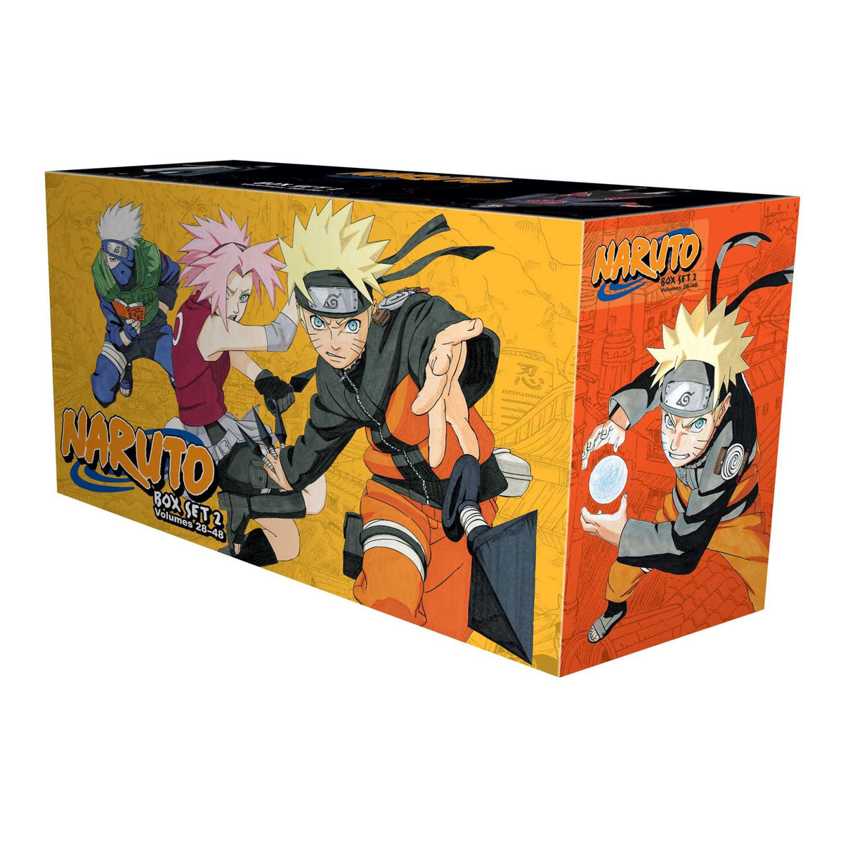 Naruto Box Set 500 cards collectible trading card box featuring Naruto Uzumaki, Sasuke Uchiha, Sakura Haruno, and Kakashi Hatake illustrations on a yellow-orange background.