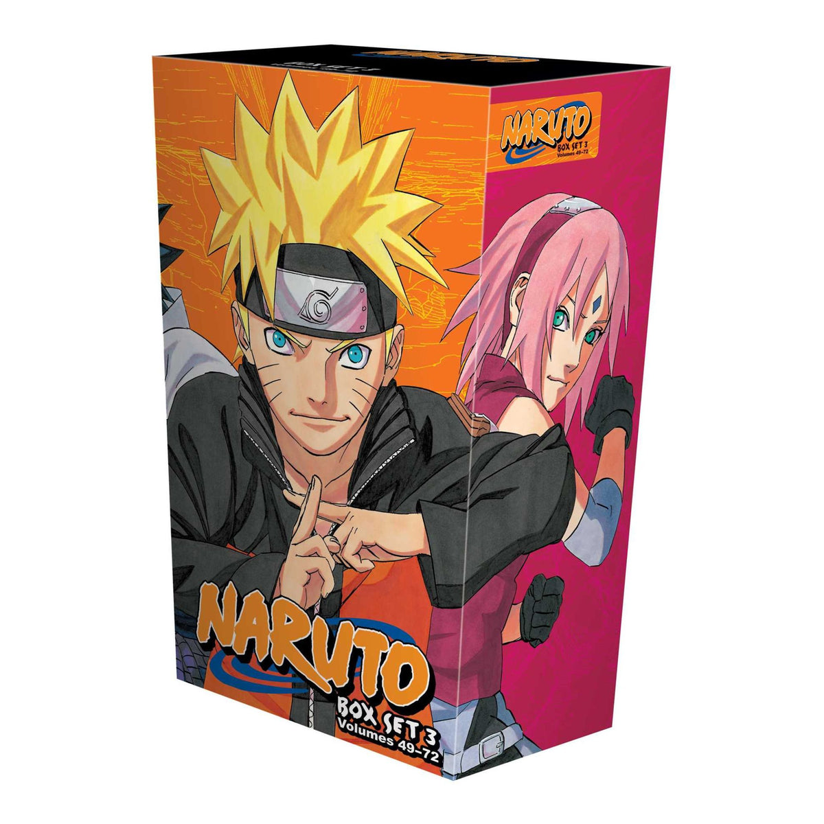 Naruto Box Set 3 featuring Naruto Uzumaki and Sakura Haruno artwork on a red and yellow manga collection box containing Volumes 49-72.   