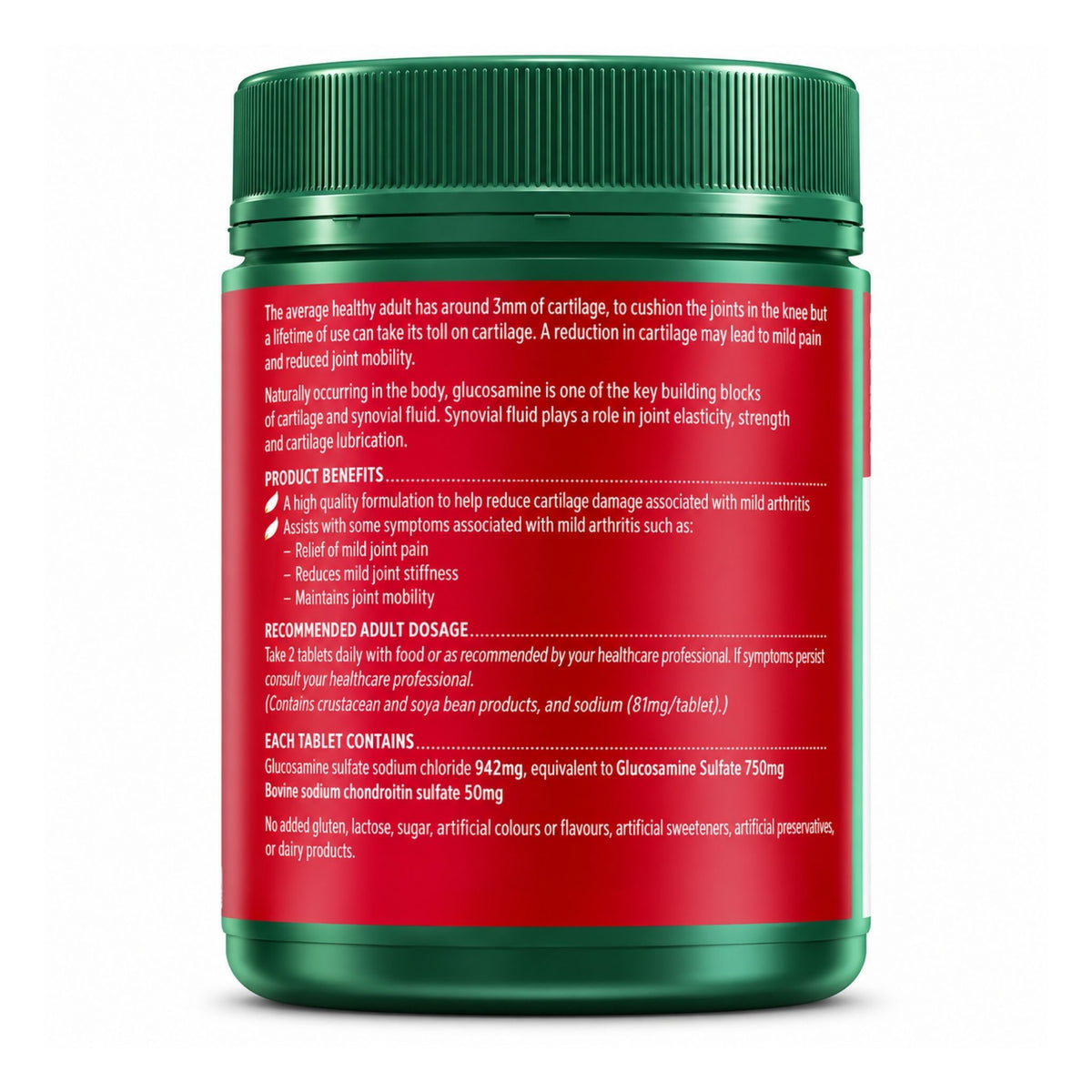 Back label showing ingredients and directions for Nature's Own Glucosamine Sulfate with Chondroitin 320 Tablets   