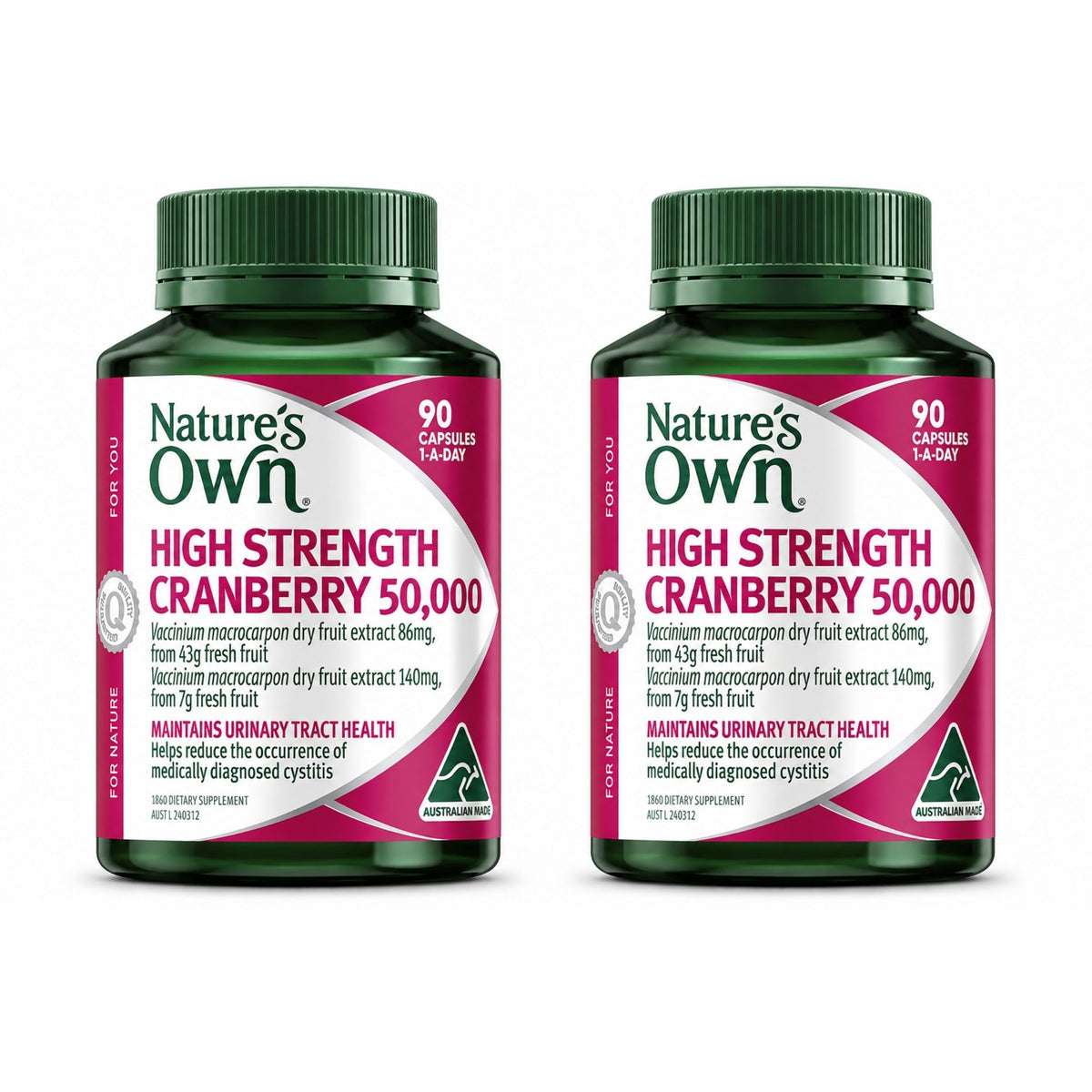 Two bottles of Nature's Own High Strength Cranberry 50,000 capsules, displayed side-by-side on a clean white background.