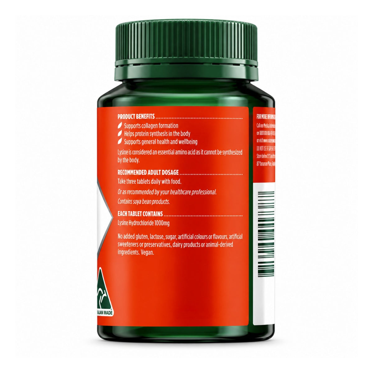 Back label showing directions and ingredients for Nature's Own Lysine 1000 mg 100 Tablets   