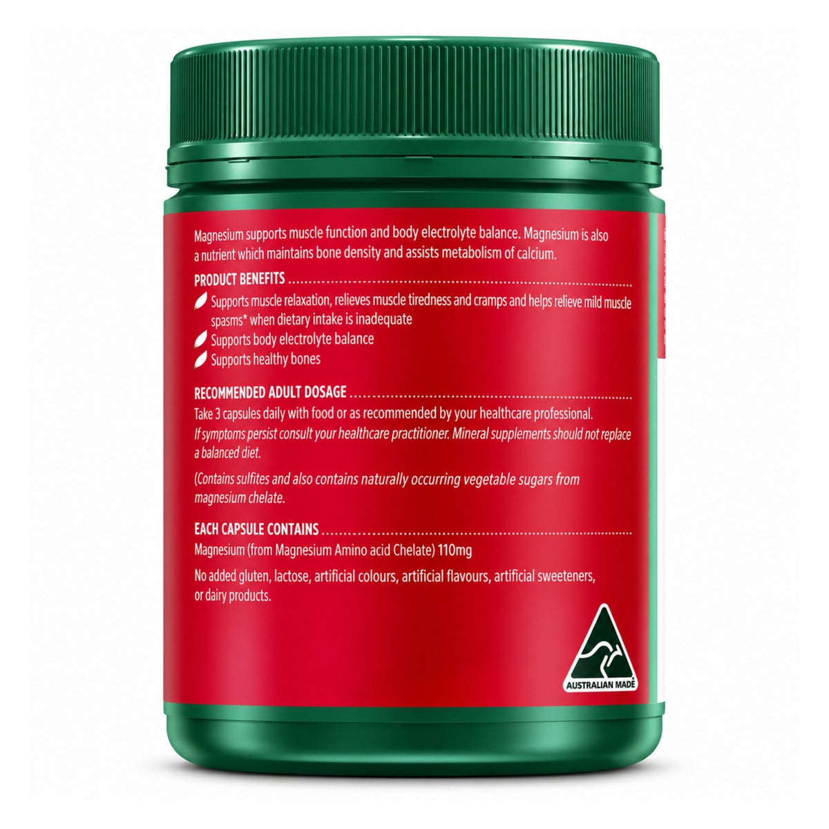 A green and red bottle of Magnesium supplement, showing the back label with text and a black Australian Triangle logo, on a white background.
