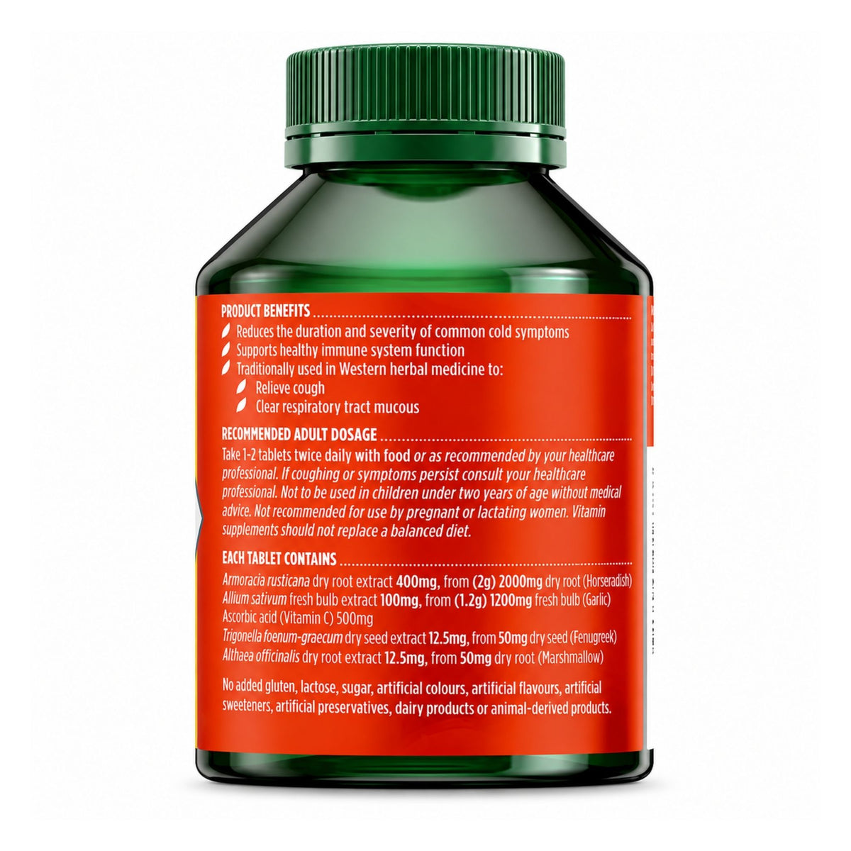 A dark green supplement bottle with a ribbed cap, shown from the back against a white background. The bottle has a bright orange label with black text detailing product benefits, recommended adult dosage, and ingredient contents.