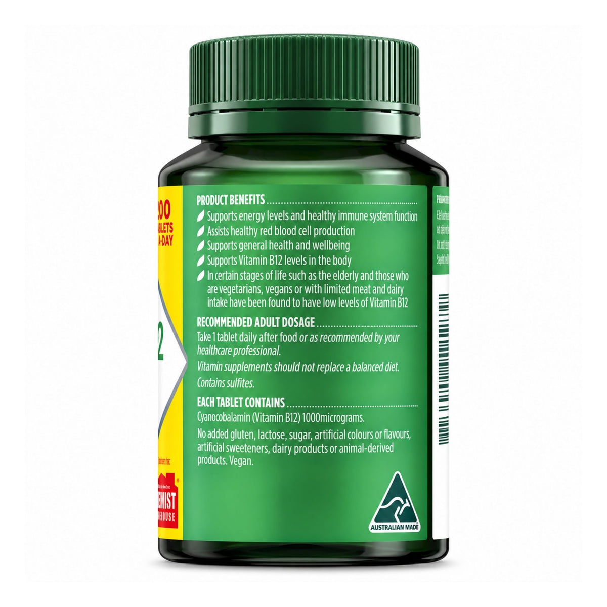 Back label showing directions and ingredients for Nature's Own Vitamin B12 1000 mcg 200 Tablets   