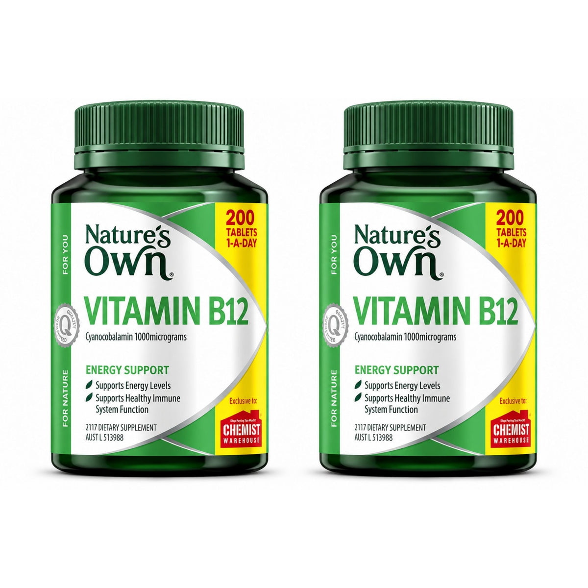 Twin pack of Nature's Own Vitamin B12 1000 mcg 200 Tablets bottles   