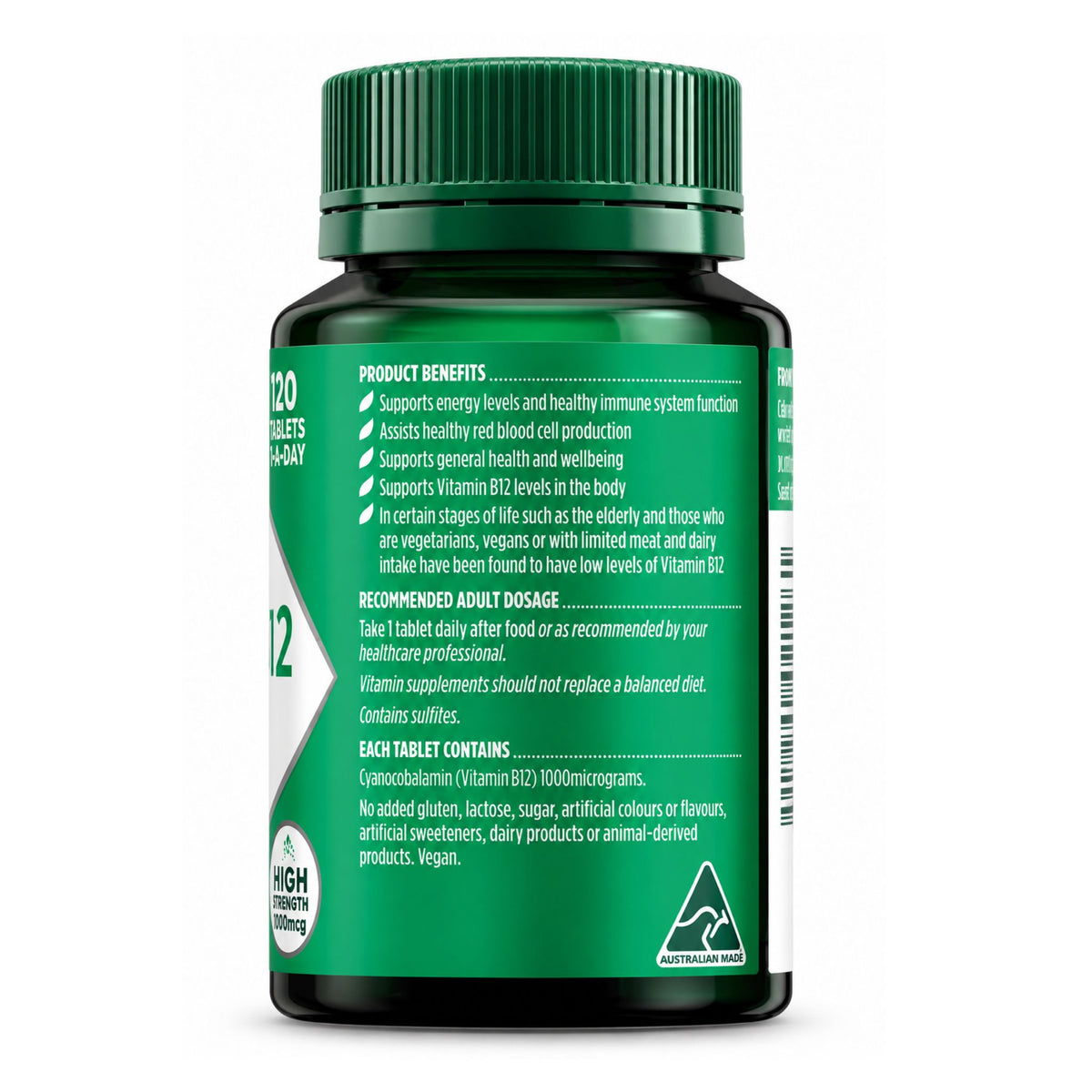 A dark green bottle of Vitamin B12 dietary supplement, showing the back label with product benefits, recommended dosage, and a high iron content badge on a white background.