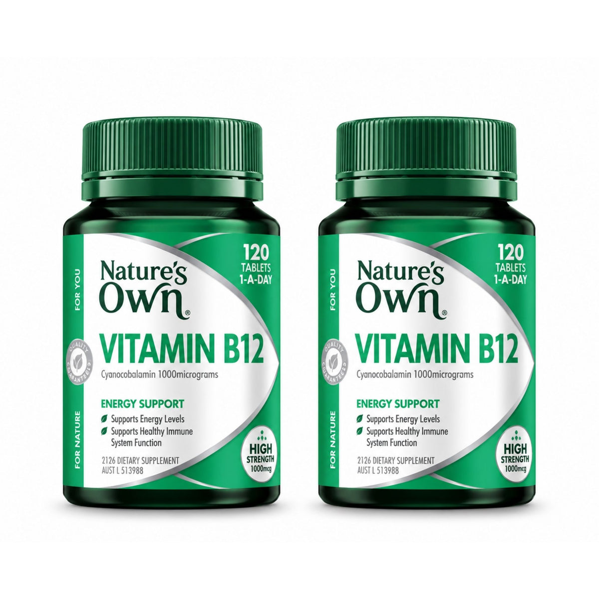 Two bottles of Nature's Own Vitamin B12 dietary supplement side by side on a white background.