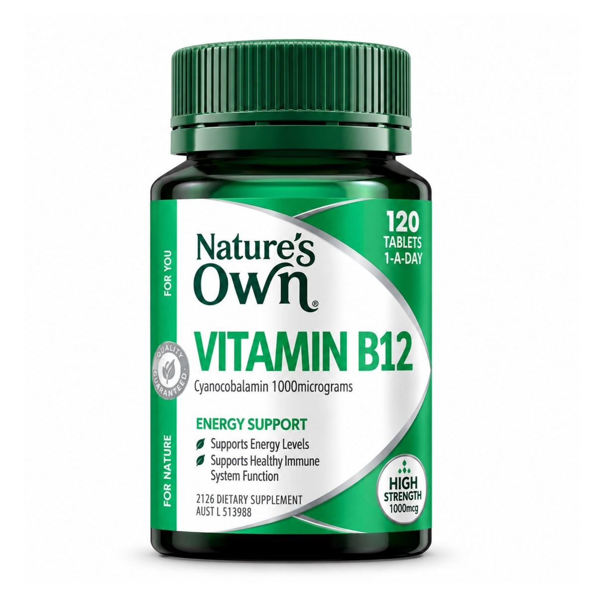 Nature's Own Vitamin B12 dietary supplement bottle with a green cap and green and white label, containing 120 tablets.