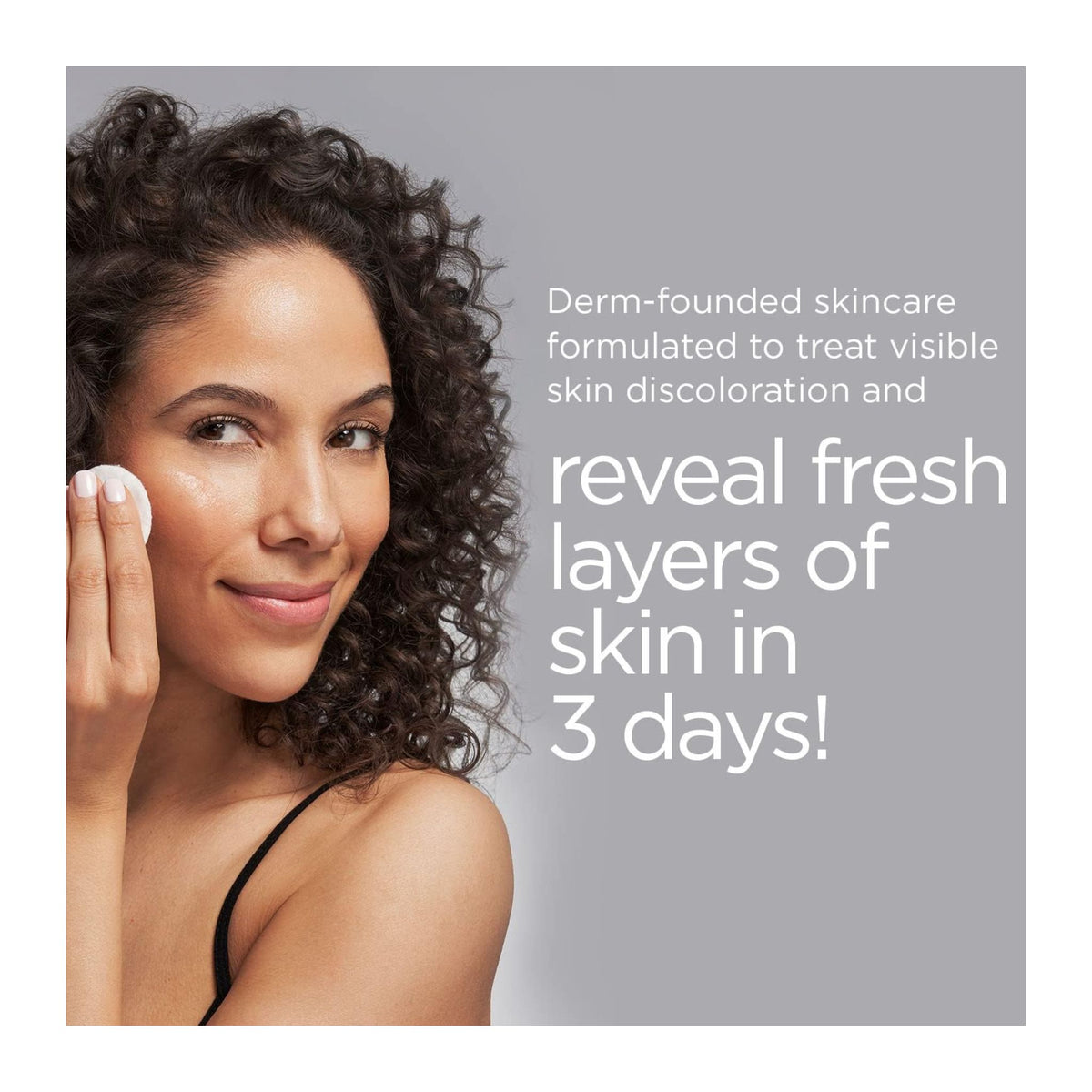 Woman applying skincare product with text about dermatologist-formulated skincare.