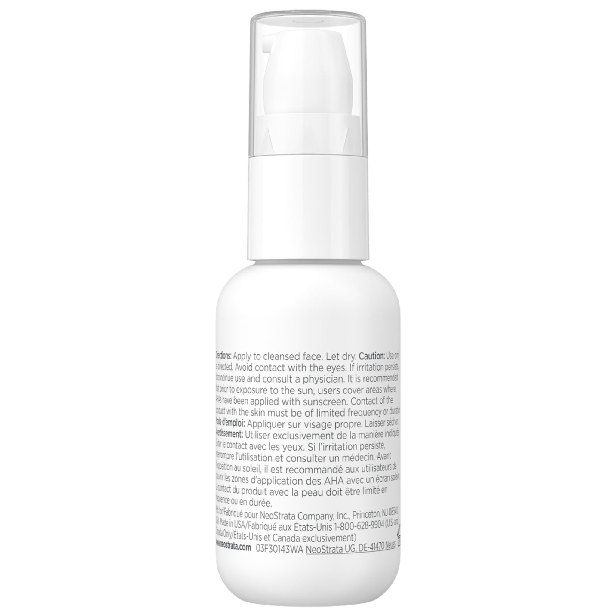NeoStrata Clarify Mandelic Mattifying Serum 30mL back view showing product directions, caution information and manufacturer details on white serum bottle