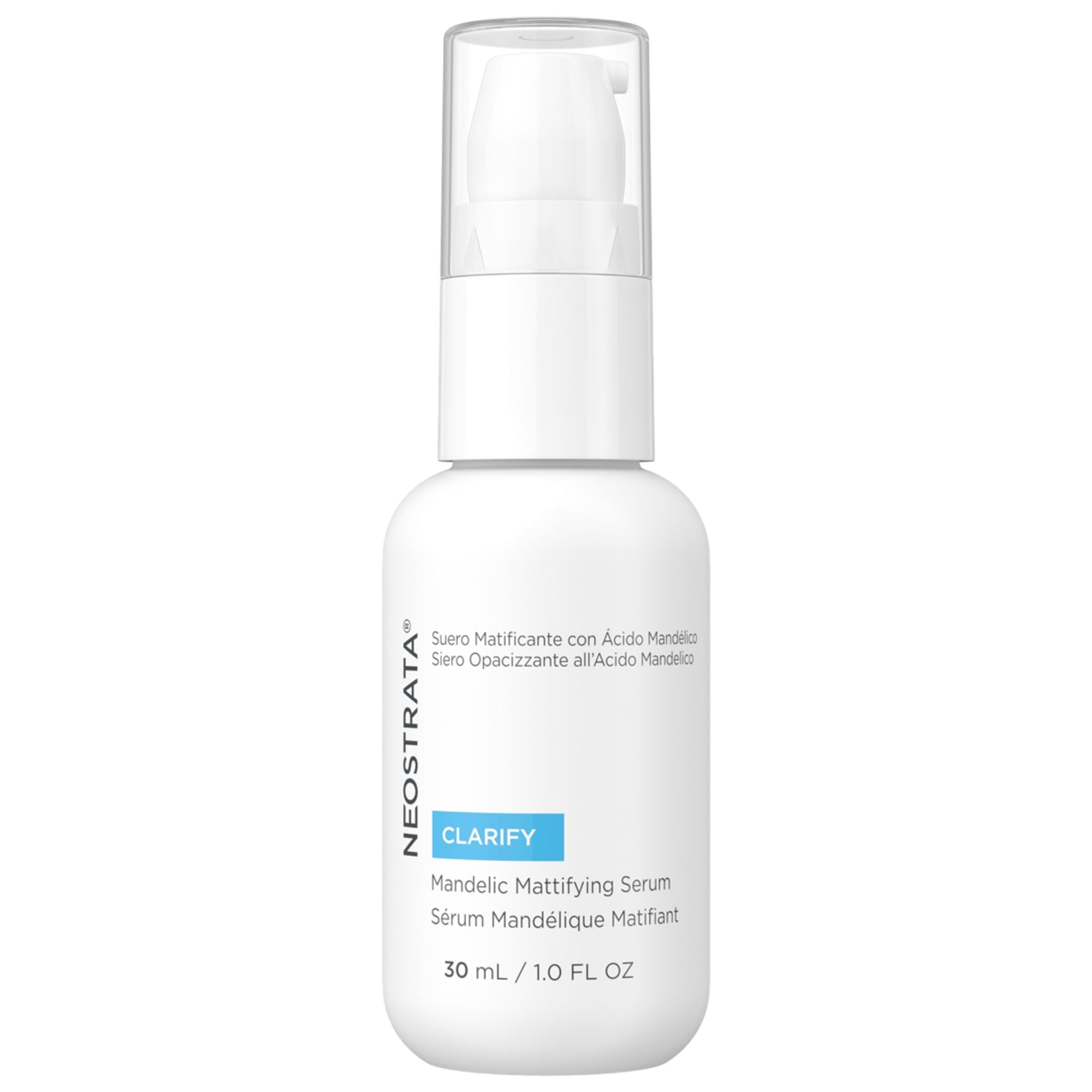 A pump bottle of Neostrata Clarify Mattifying Serum with a white and blue label, indicating 30 ml / 1 fl oz size.