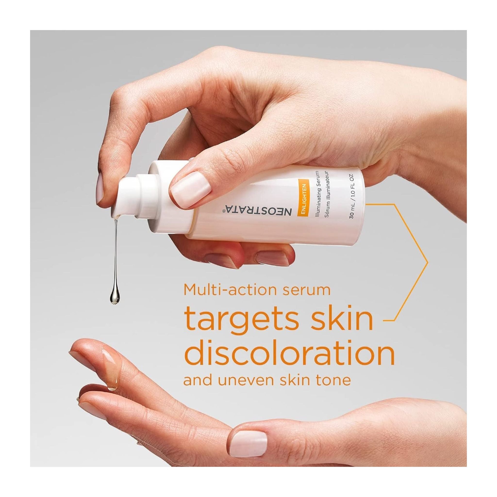Hand holding a skincare serum bottle with text about skin discoloration and uneven skin tone.