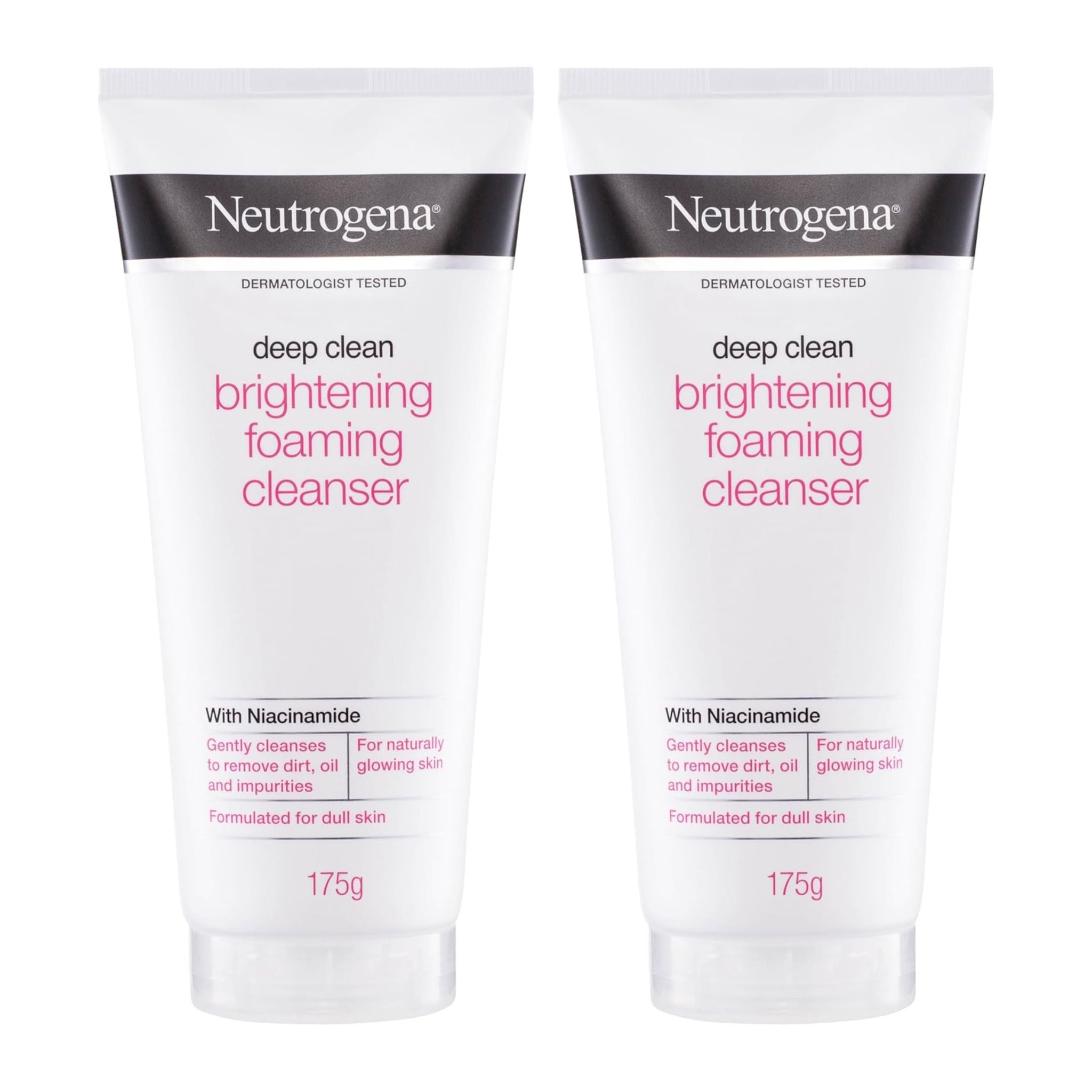 Two Neutrogena deep clean brightening foaming cleanser bottles on a white background