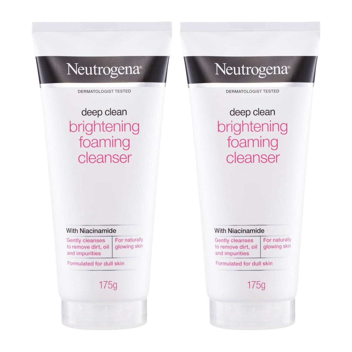 Two Neutrogena deep clean brightening foaming cleanser bottles on a white background