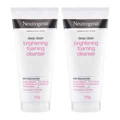 Two Neutrogena deep clean brightening foaming cleanser bottles on a white background