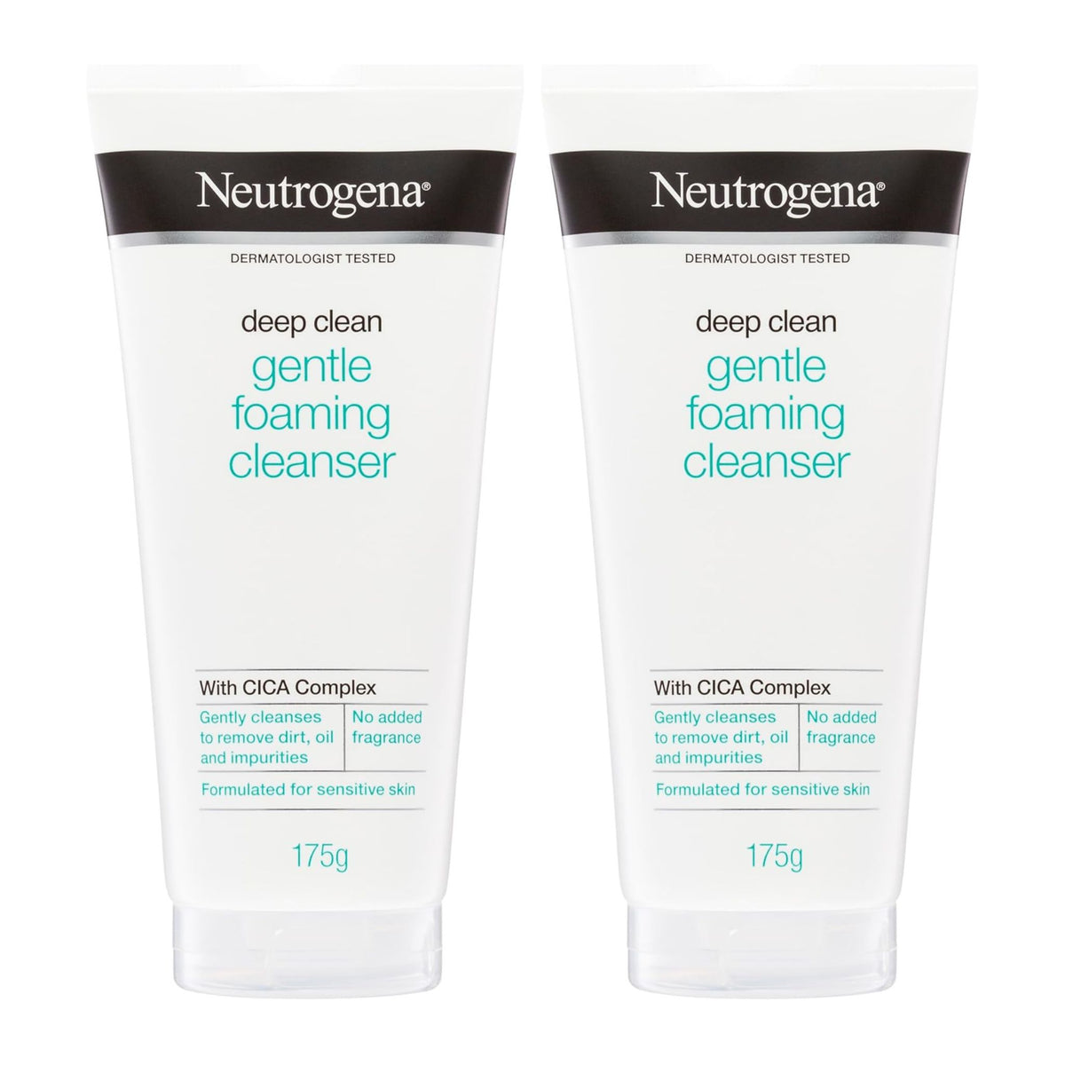 Two Neutrogena deep clean gentle foaming cleanser bottles on a white background