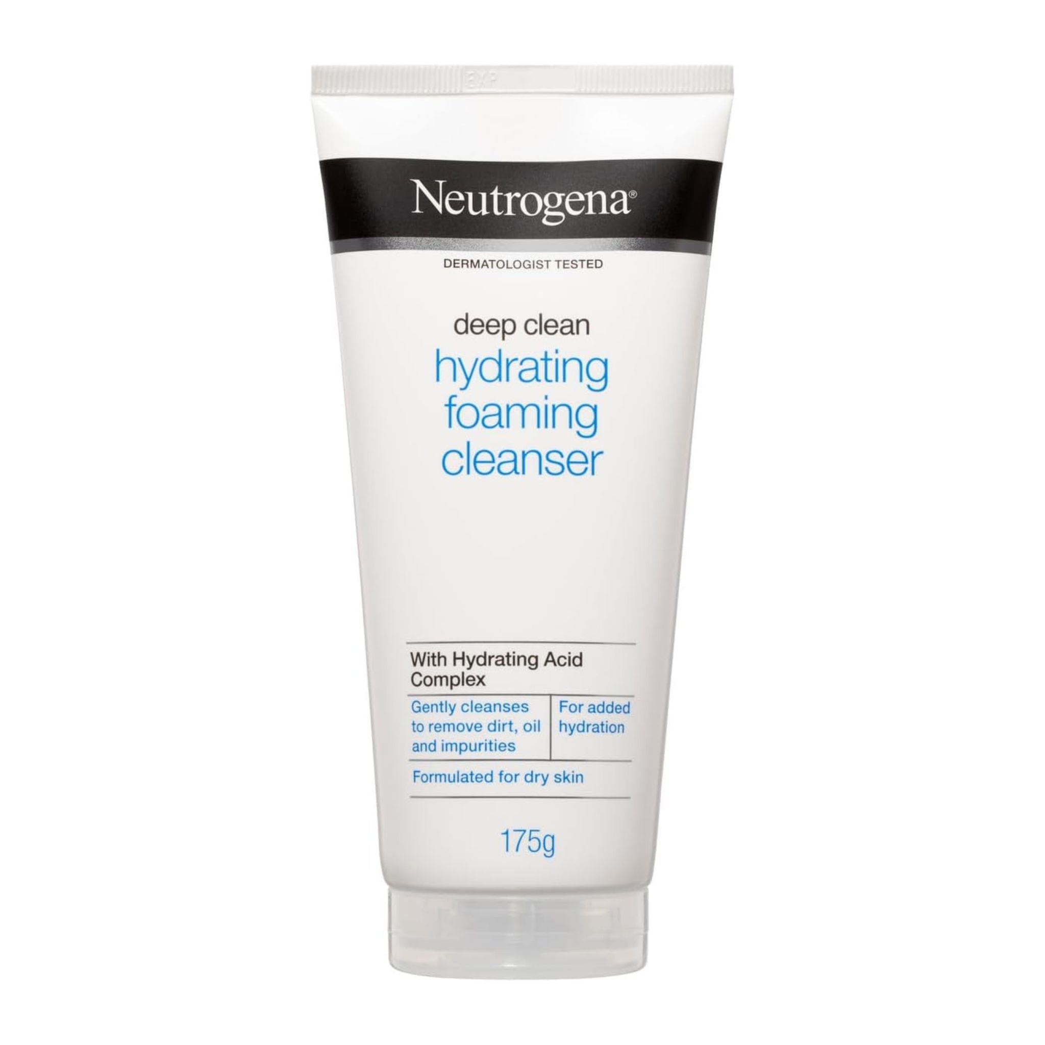 Neutrogena deep clean hydrating foaming cleanser tube on a white background