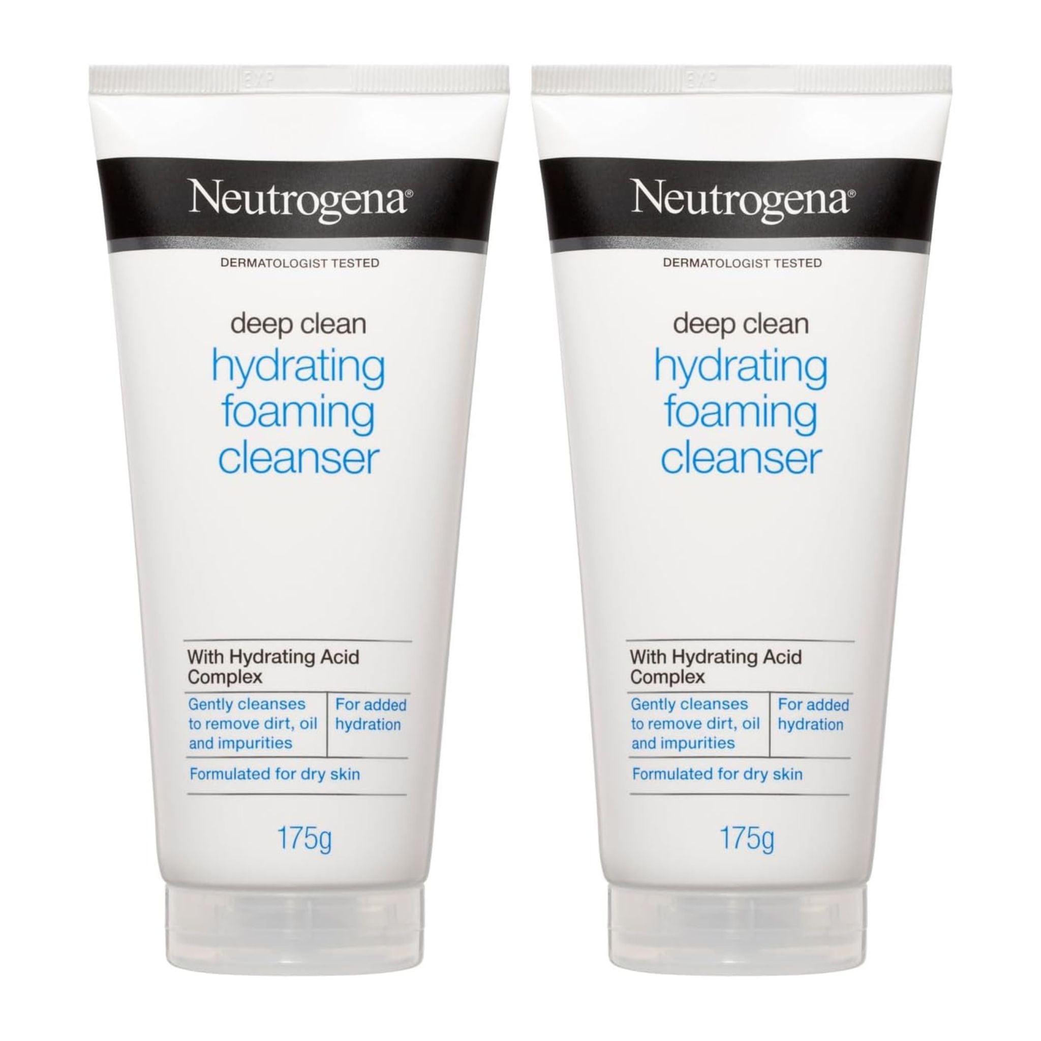 Two Neutrogena deep clean hydrating foaming cleanser tubes on a white background