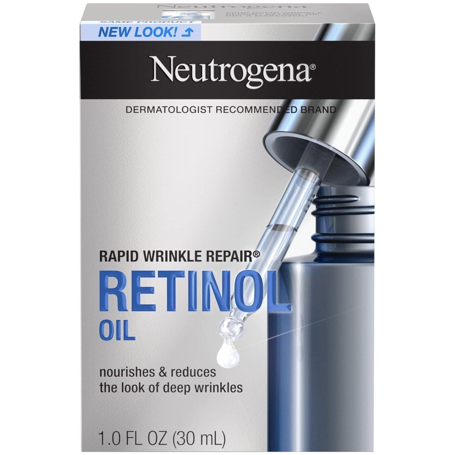 Front packaging of Neutrogena Rapid Wrinkle Repair Retinol Oil 1.0 fl oz showing dropper and product branding