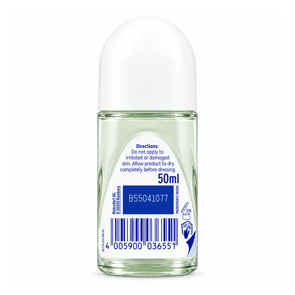 A 50ml glass roll-on bottle with a white cap, showing the back of the label with product information, a barcode, and a blue '50ml' box on a white background.