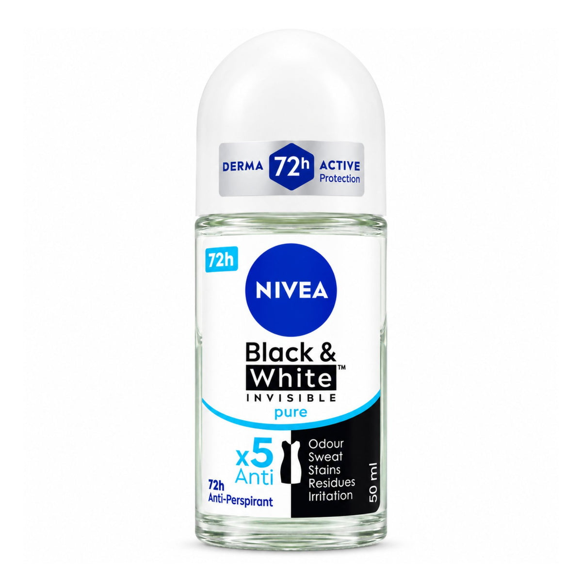 Nivea Black & White Invisible Pure anti-perspirant deodorant roll-on bottle, 50 ml, on a white background.