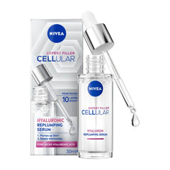 Nivea Expert Filler Cellular Hyaluronic Replumping Serum with dropper on a white background