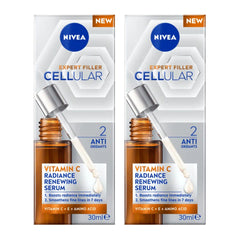 Two bottles of Nivea Expert Filler Cellular Vitamin C Radiance Renewing Serum on a white background