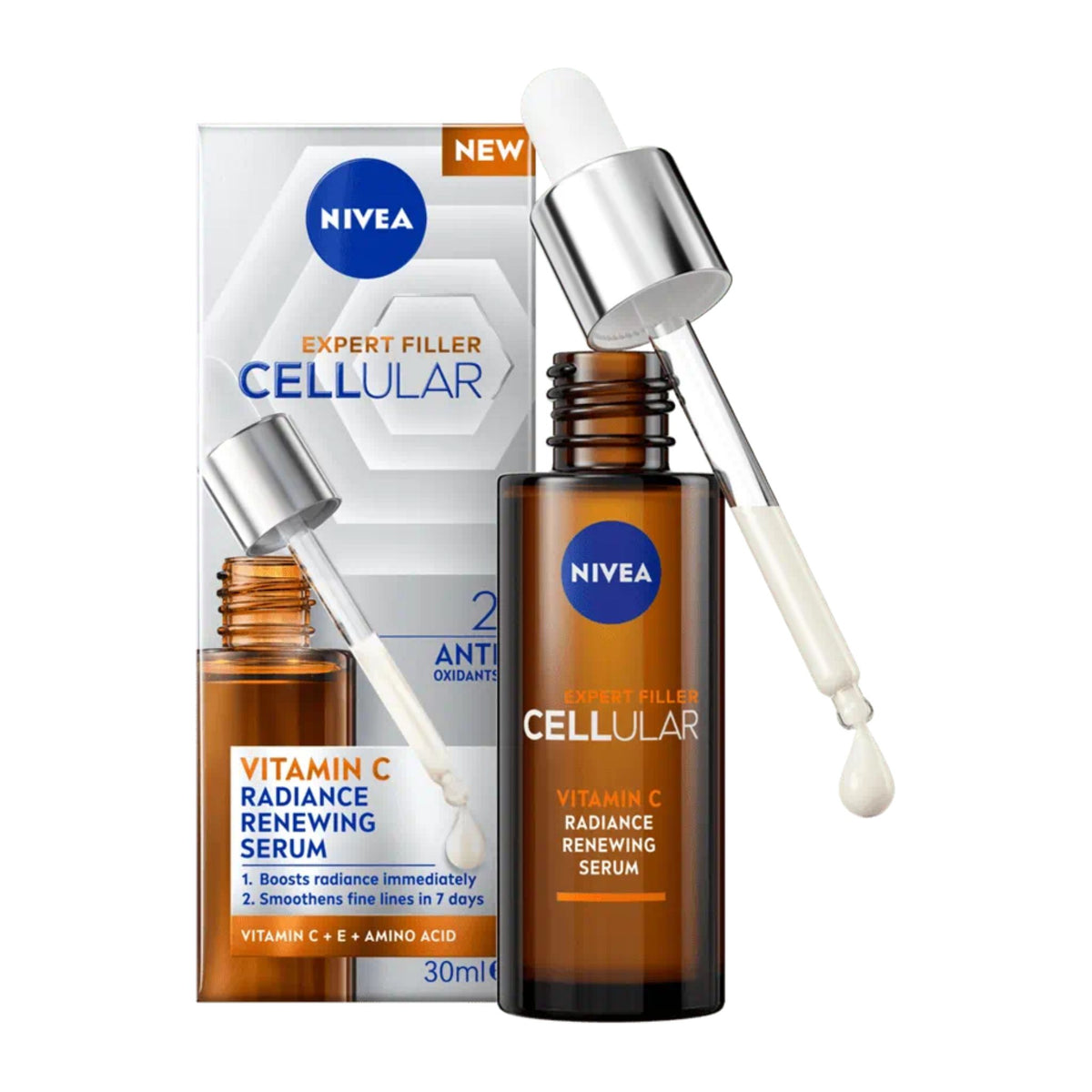 Nivea Vitamin C serum with packaging on a white background