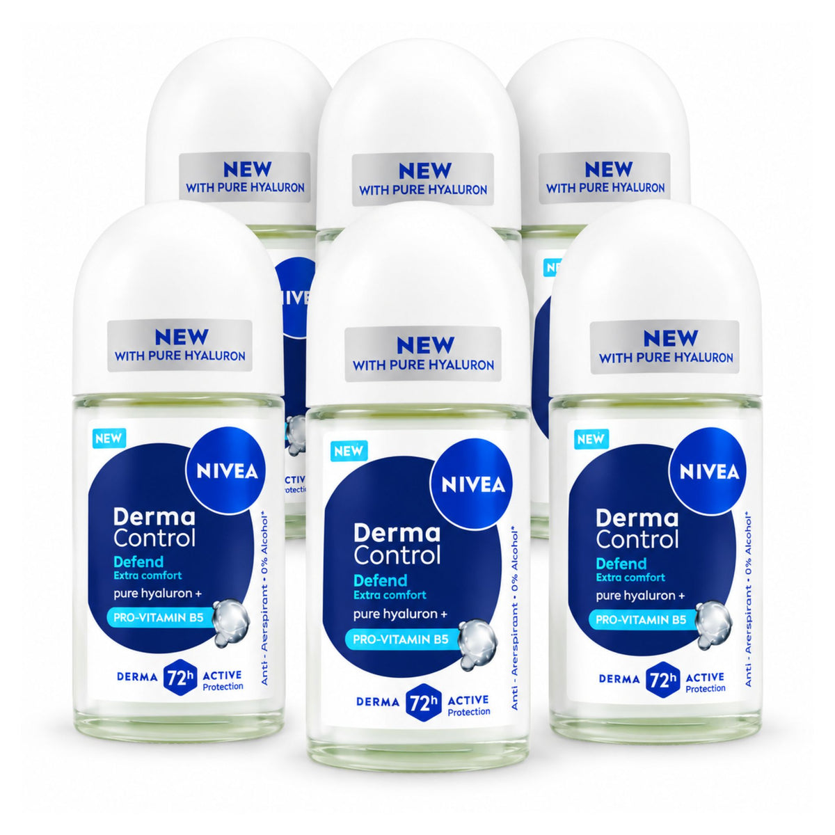 Four NIVEA Derma Control roll-on deodorant bottles arranged in a 2x2 grid on a white background. The bottles are clear with white caps and feature blue and white labels with 'NEW WITH PURE HYALURON' text.