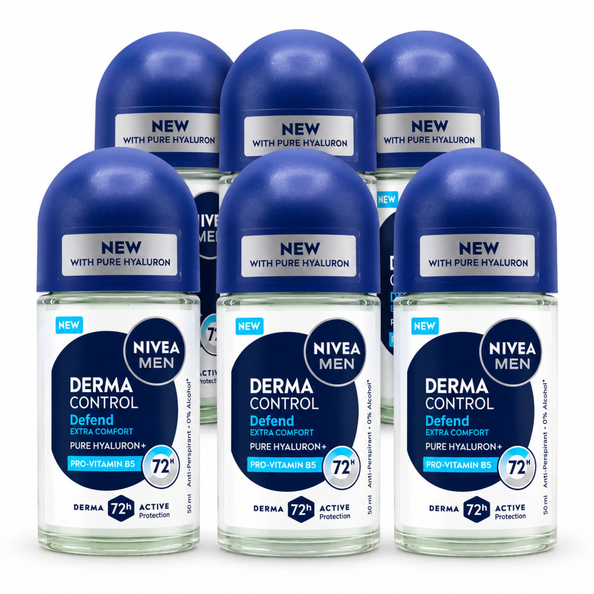 Six Nivea Men Derma Control deodorant bottles arranged in two rows on a white background. The bottles have dark blue caps and labels with white and blue text, and the front bottle shows 'NEW WITH PURE HYALURON' and 'DERMA 72 ACTIVE Protection'.