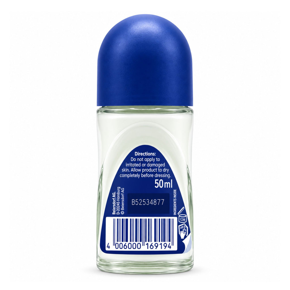 A 50ml roll-on deodorant bottle with a translucent blue cap and a blue label on a white background.
