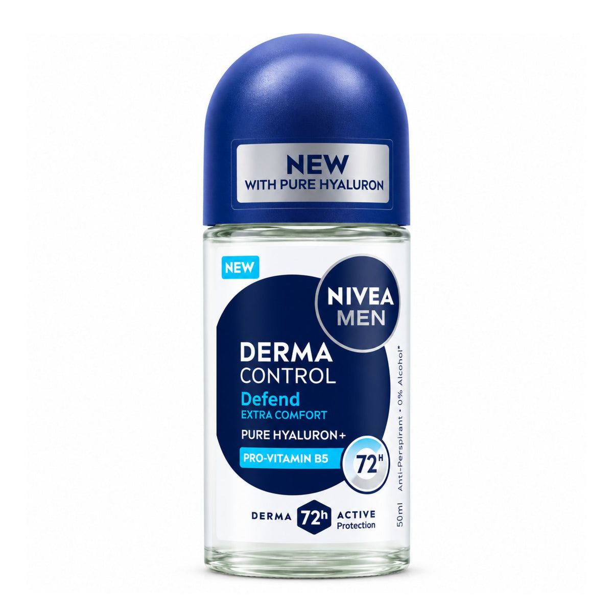 Nivea Men Derma Control Protect roll-on deodorant with Pure Hyaluron + in a 50ml clear bottle with a blue cap, on a white background.