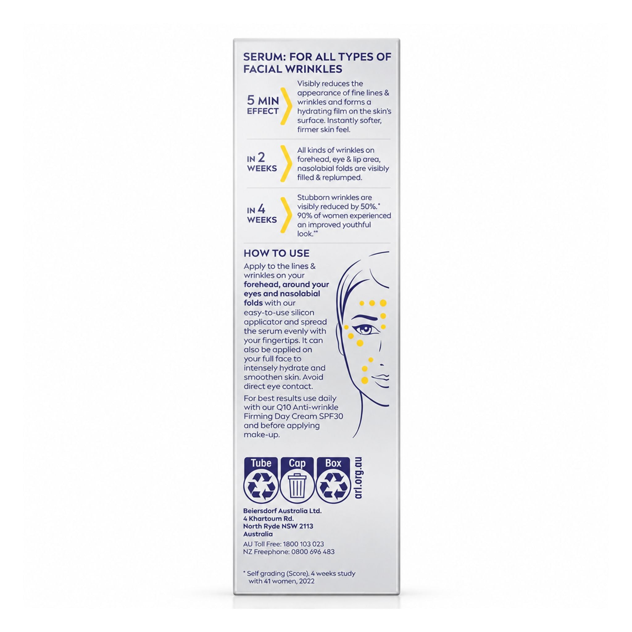 A tall white product box for a facial wrinkle serum stands upright on a white background. The packaging features black text, yellow callout graphics, a stylized illustration of a woman's face with yellow dots, and recycling icons at the bottom.