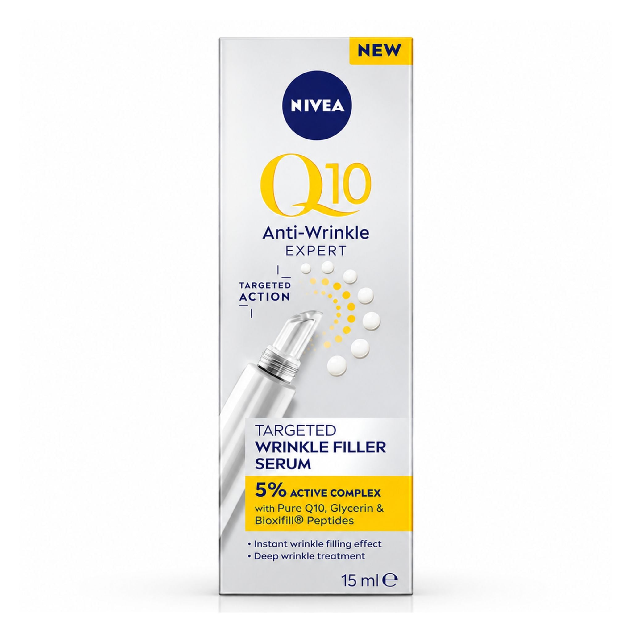 Nivea Q10 Anti-Wrinkle Expert Targeted Wrinkle Filler Serum in a 15 ml white box with yellow and navy blue text and graphics.