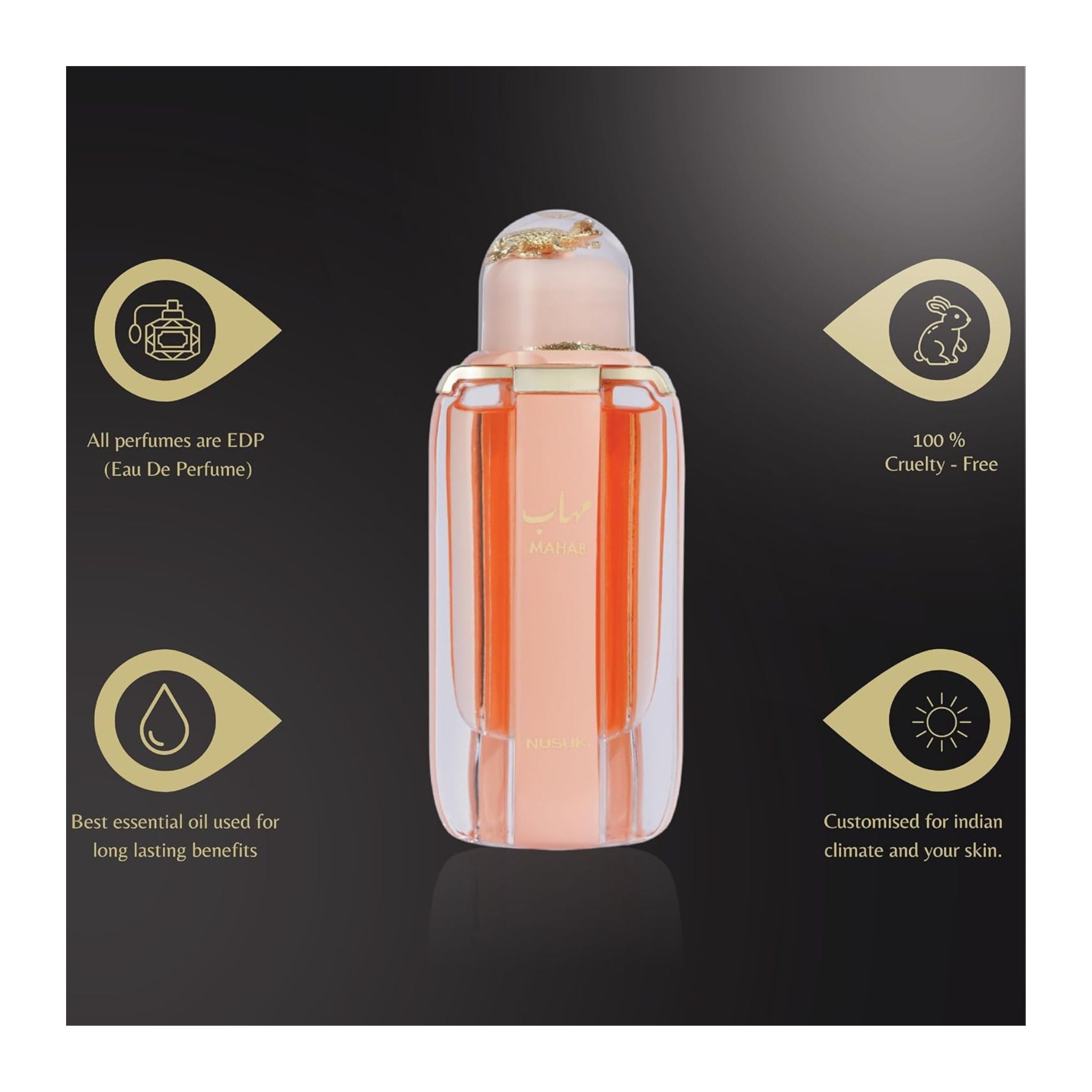 Perfume bottle with certification icons on a black background