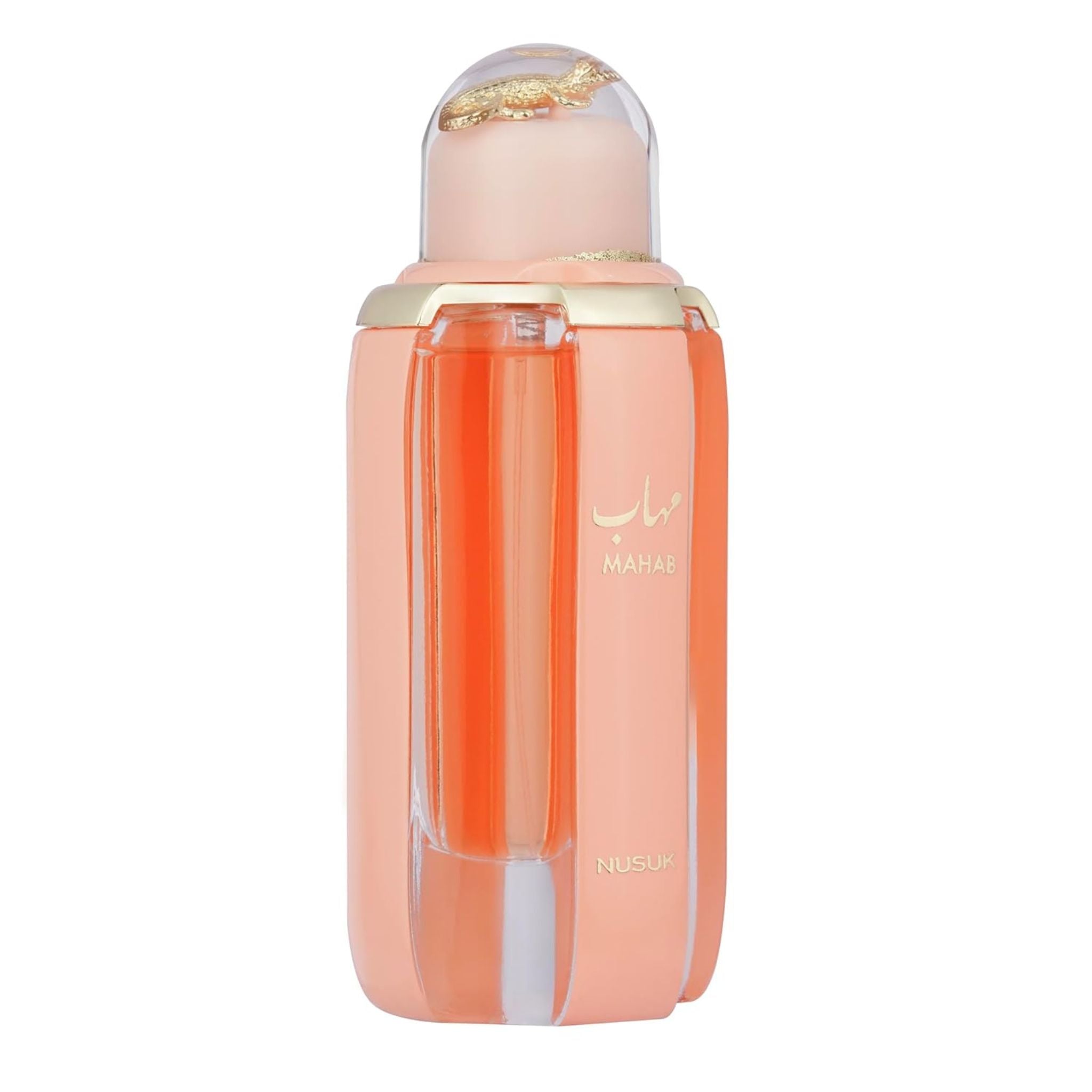 Perfume bottle with gold cap and visible branding on a white background