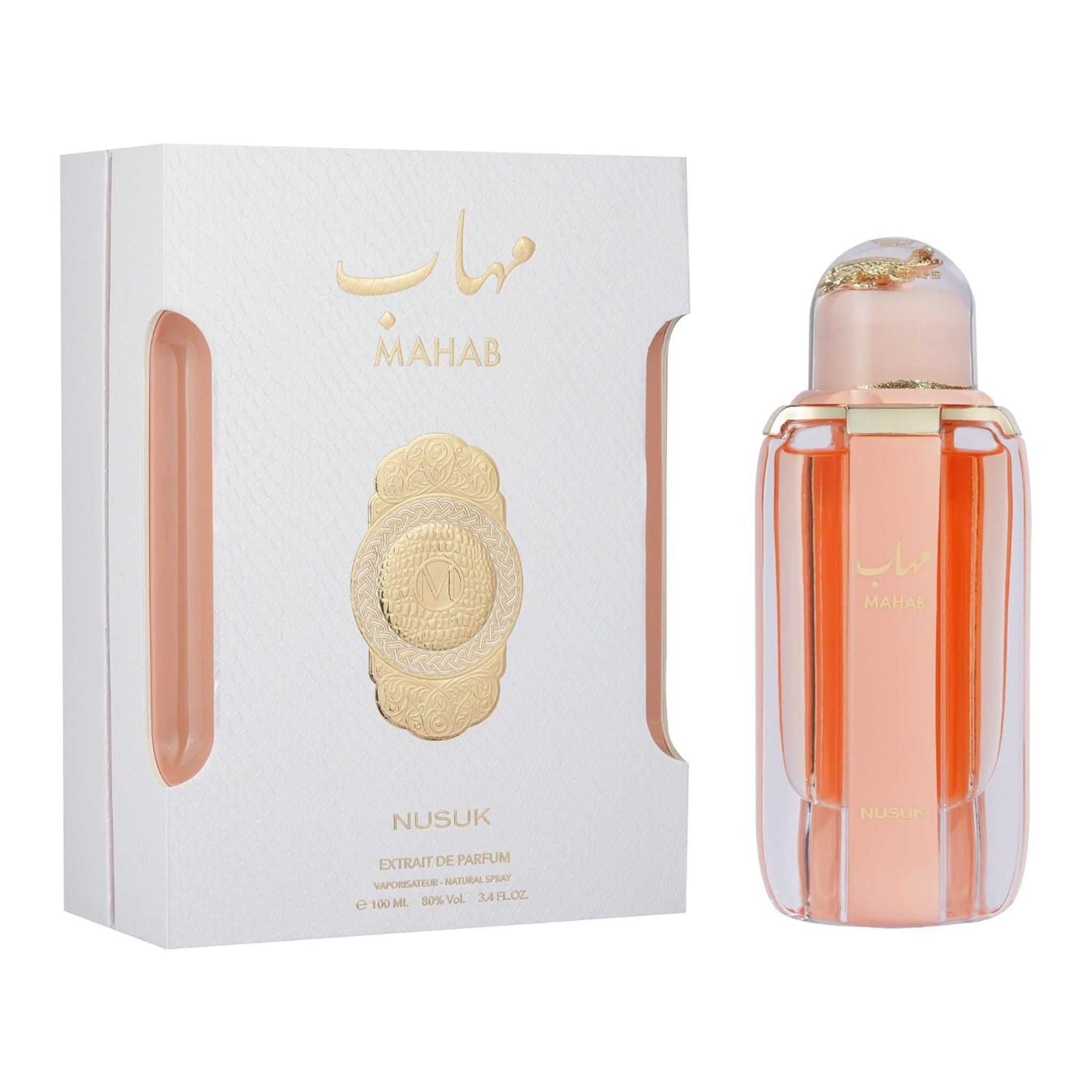 Perfume bottle and packaging with 'MAHAB' branding on a white background