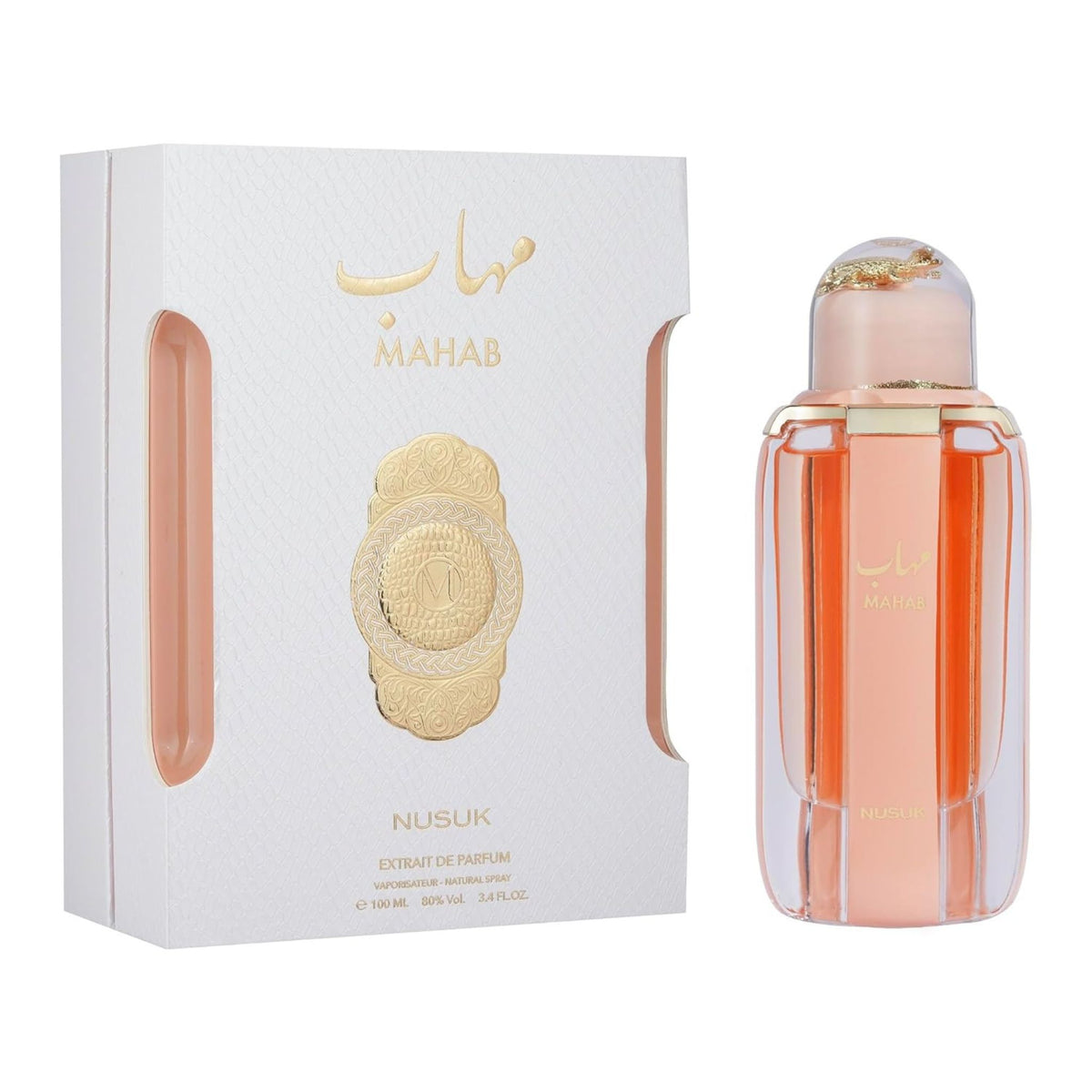 Perfume bottle and packaging with 'MAHAB' branding on a white background