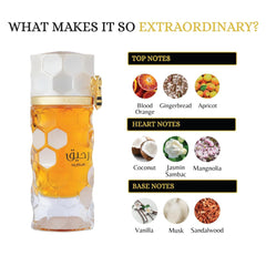 Perfume bottle with flavor notes on a white background